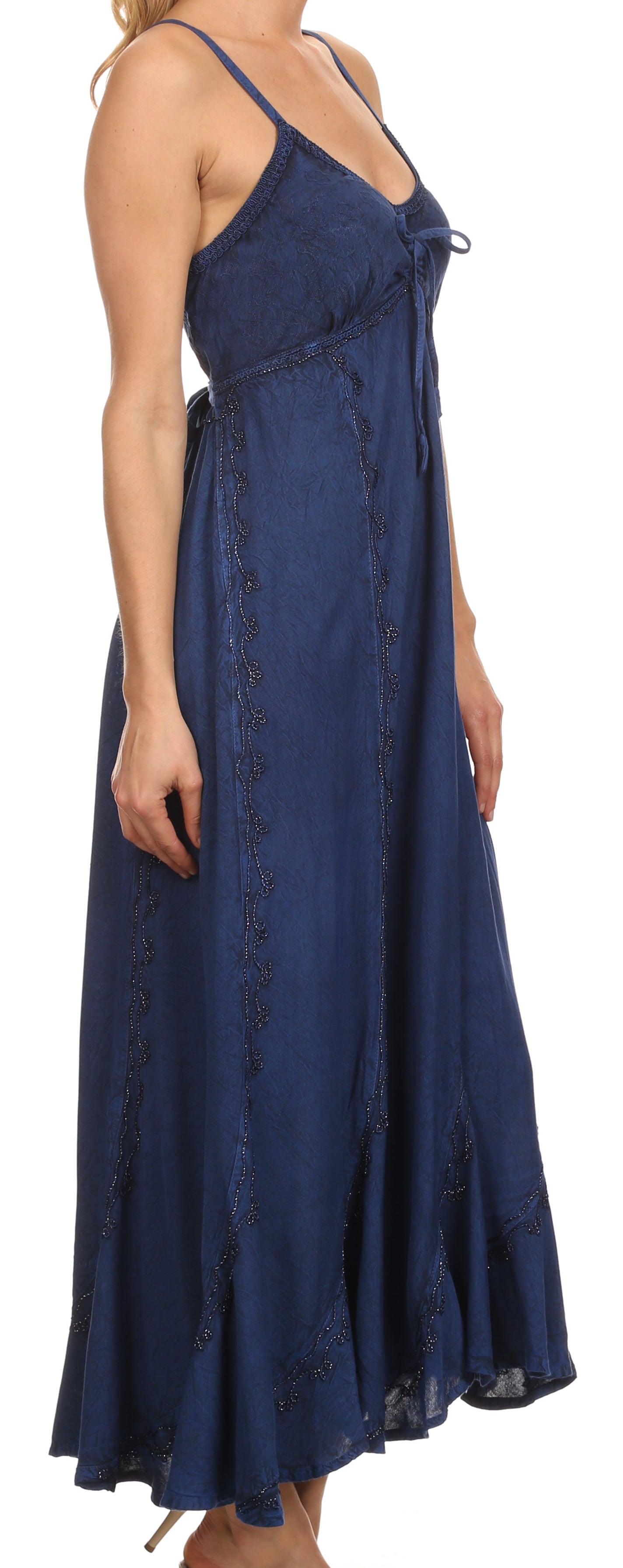 Navy blue dress with thin straps on a white background