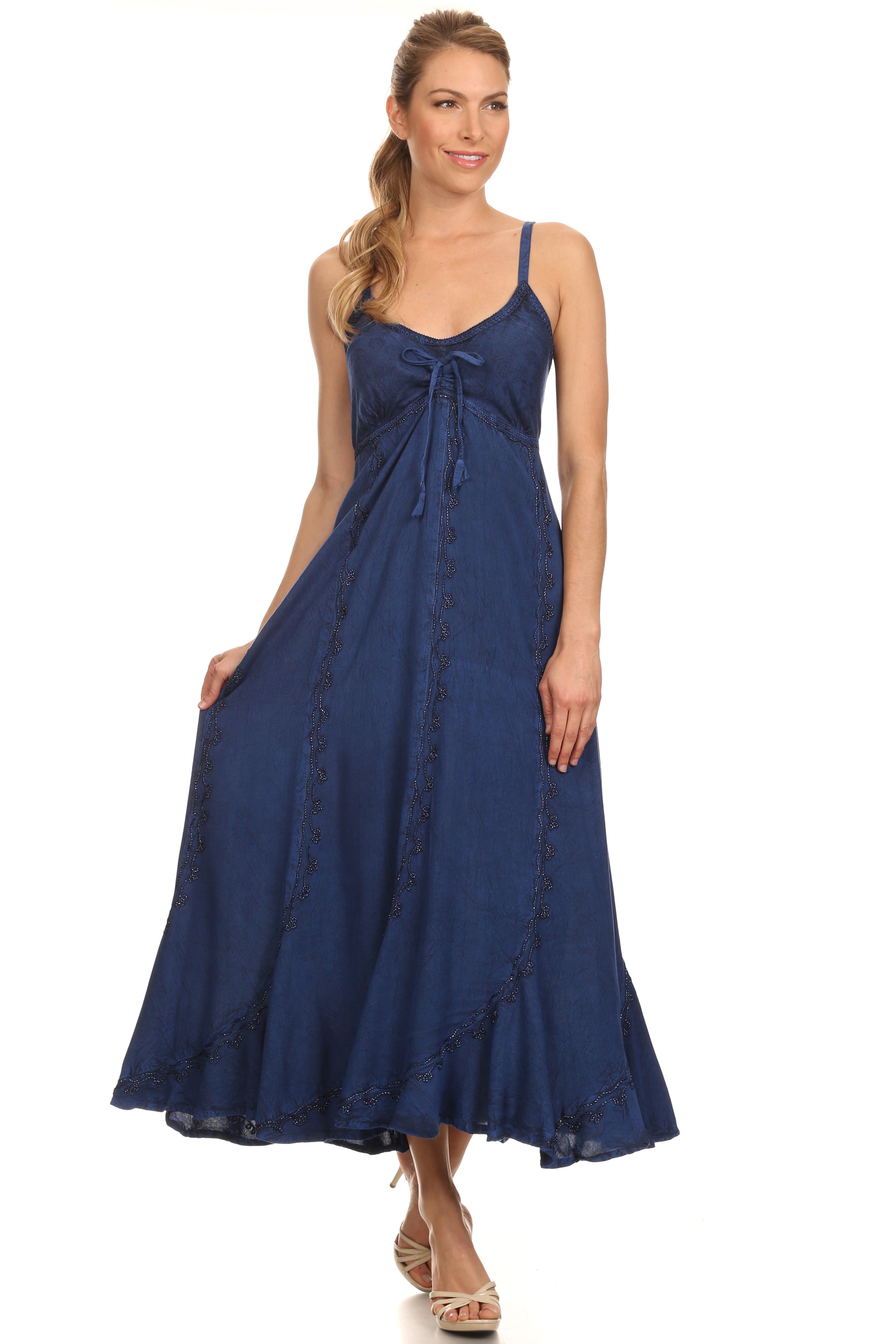 Woman wearing a blue dress on a white background