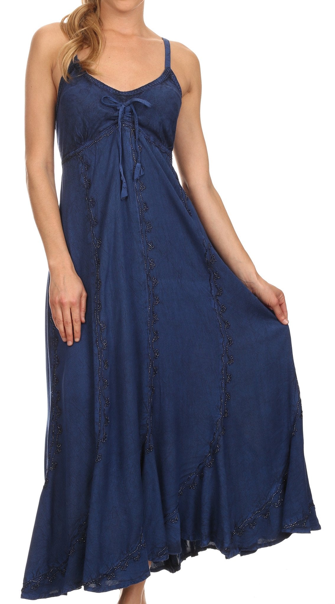 Navy blue dress with lace details on a white background