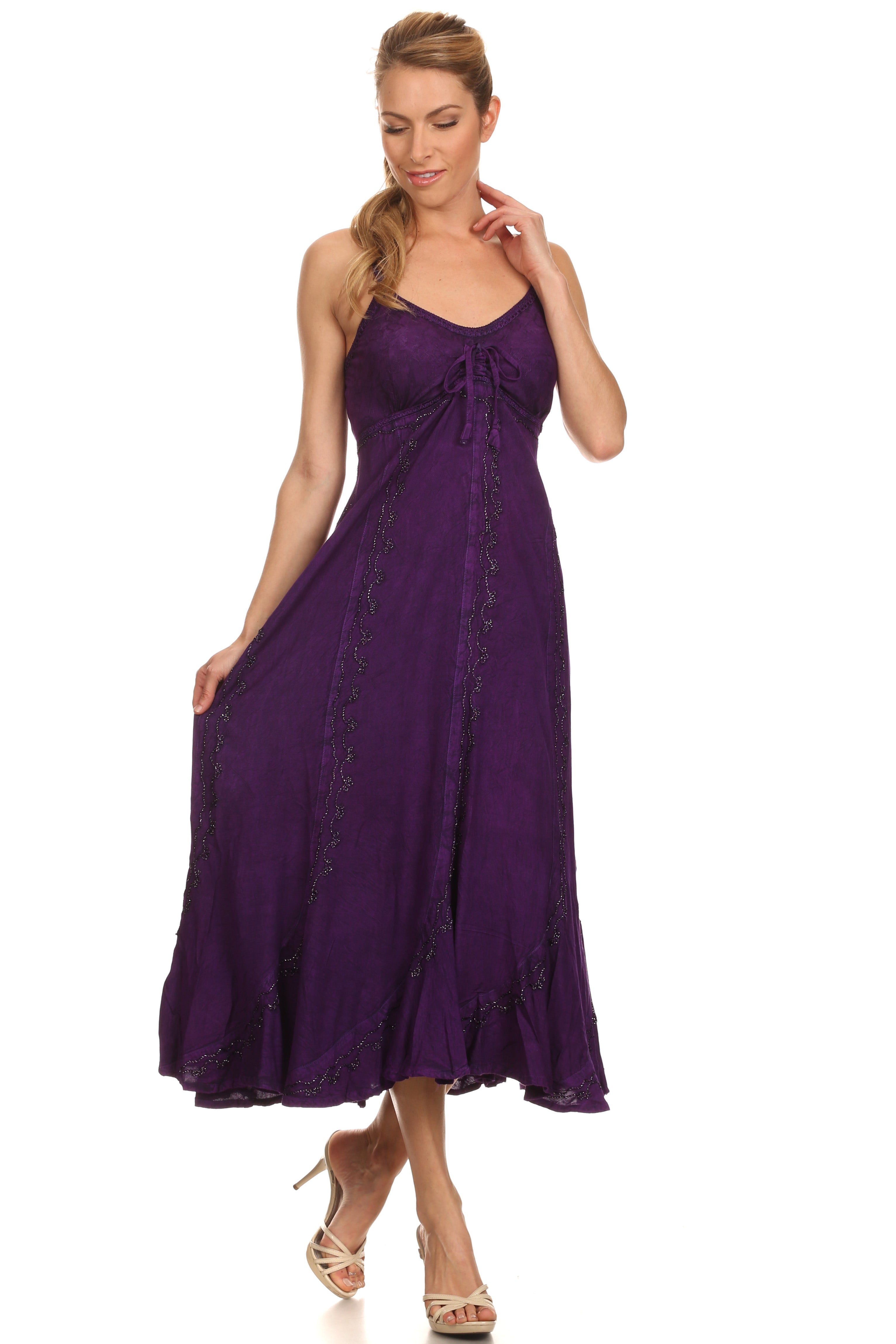 Woman wearing a purple dress on a white background