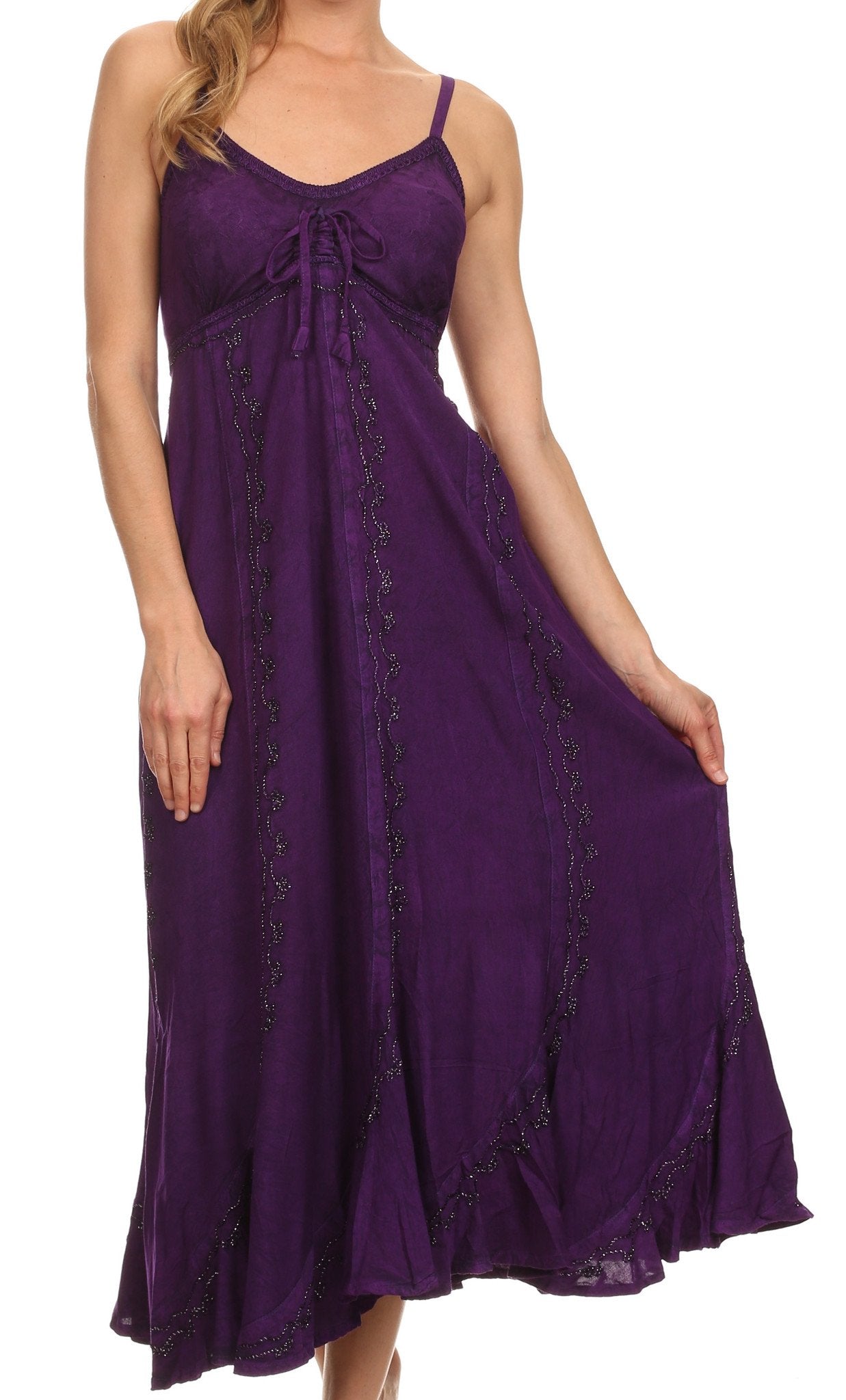 Purple dress with lace details on a white background