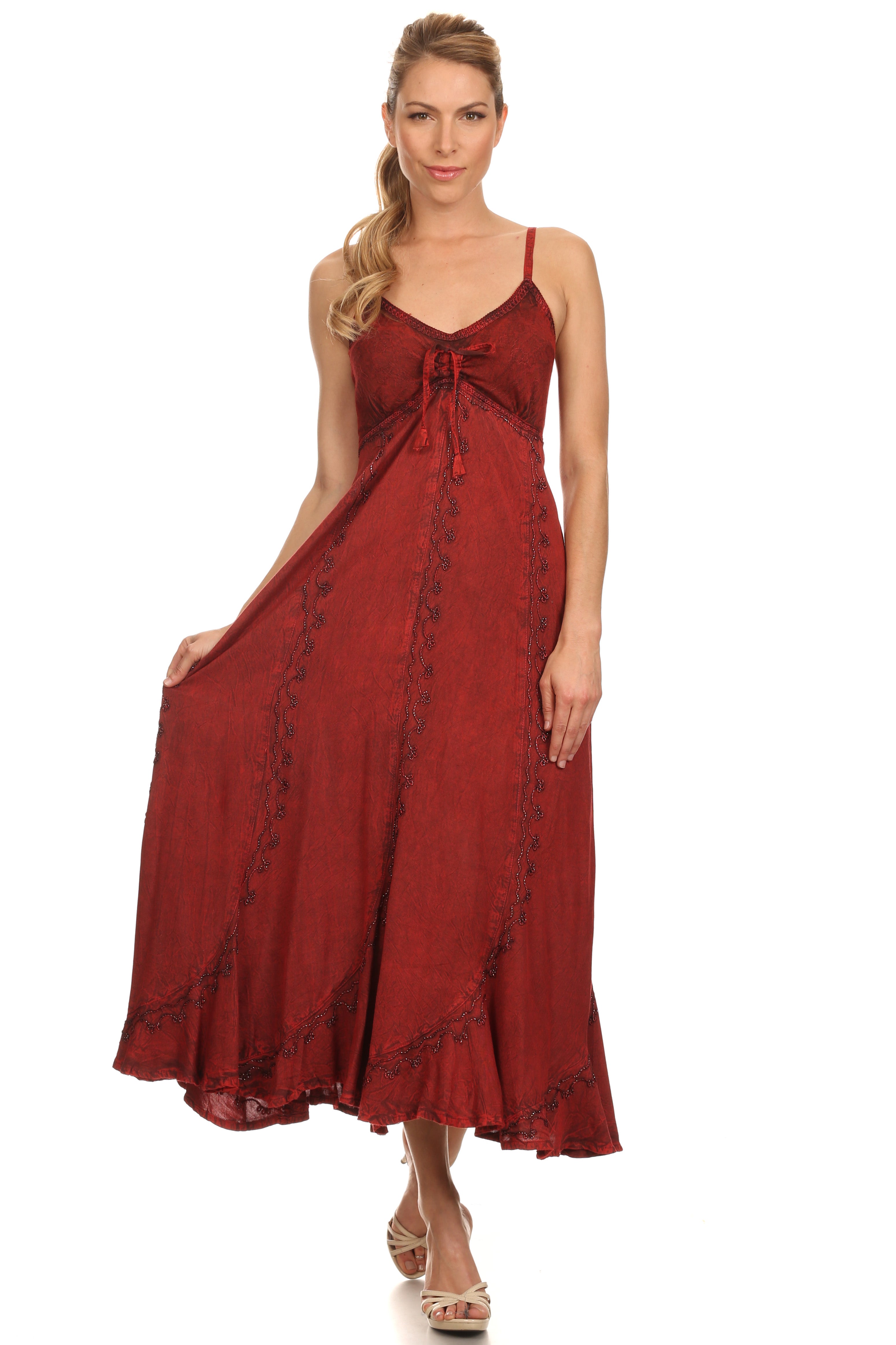 Woman wearing a red dress with a white background