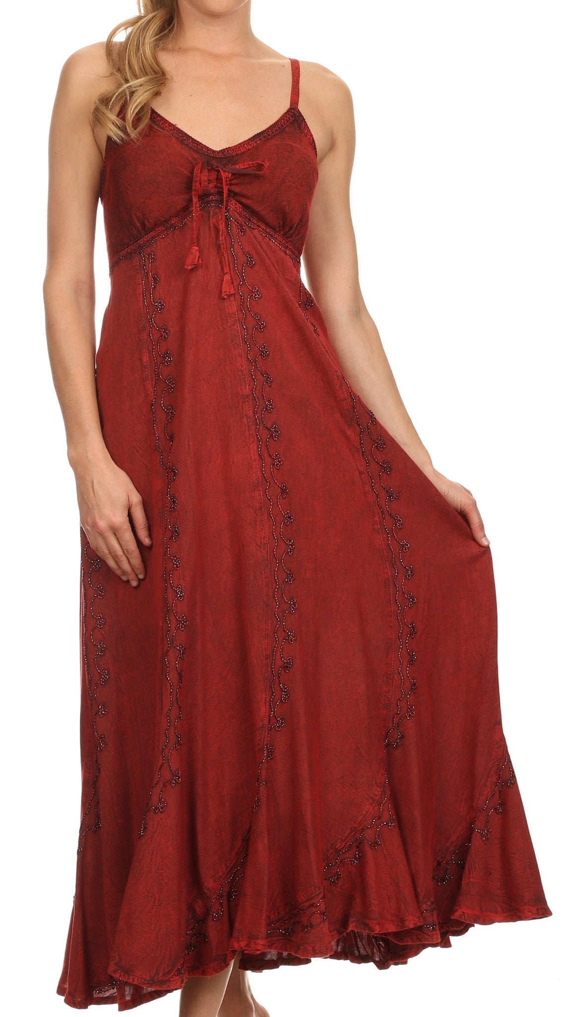 Red dress with black lace details on a white background