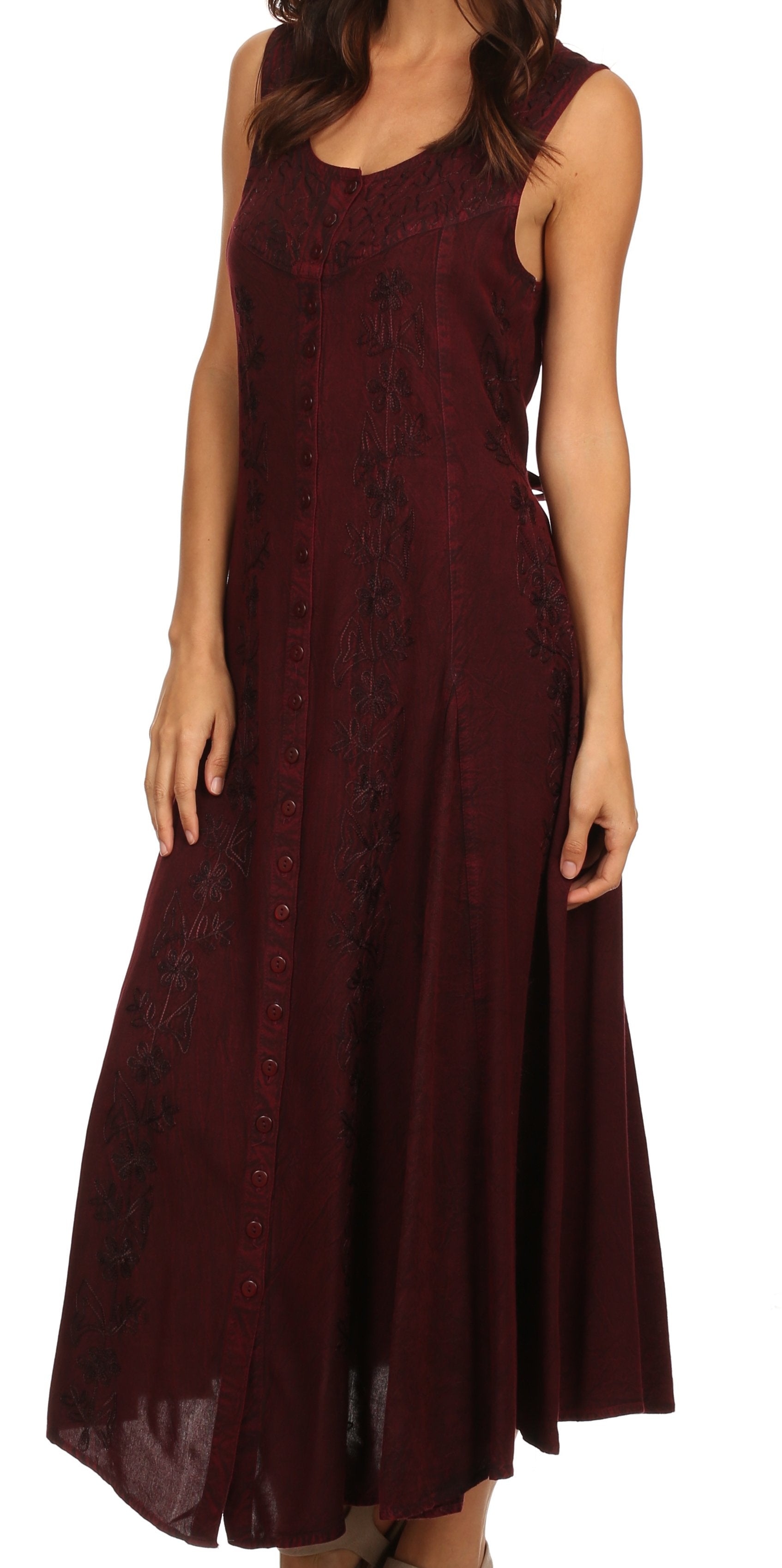 Maroon sleeveless dress with lace detailing on a white background