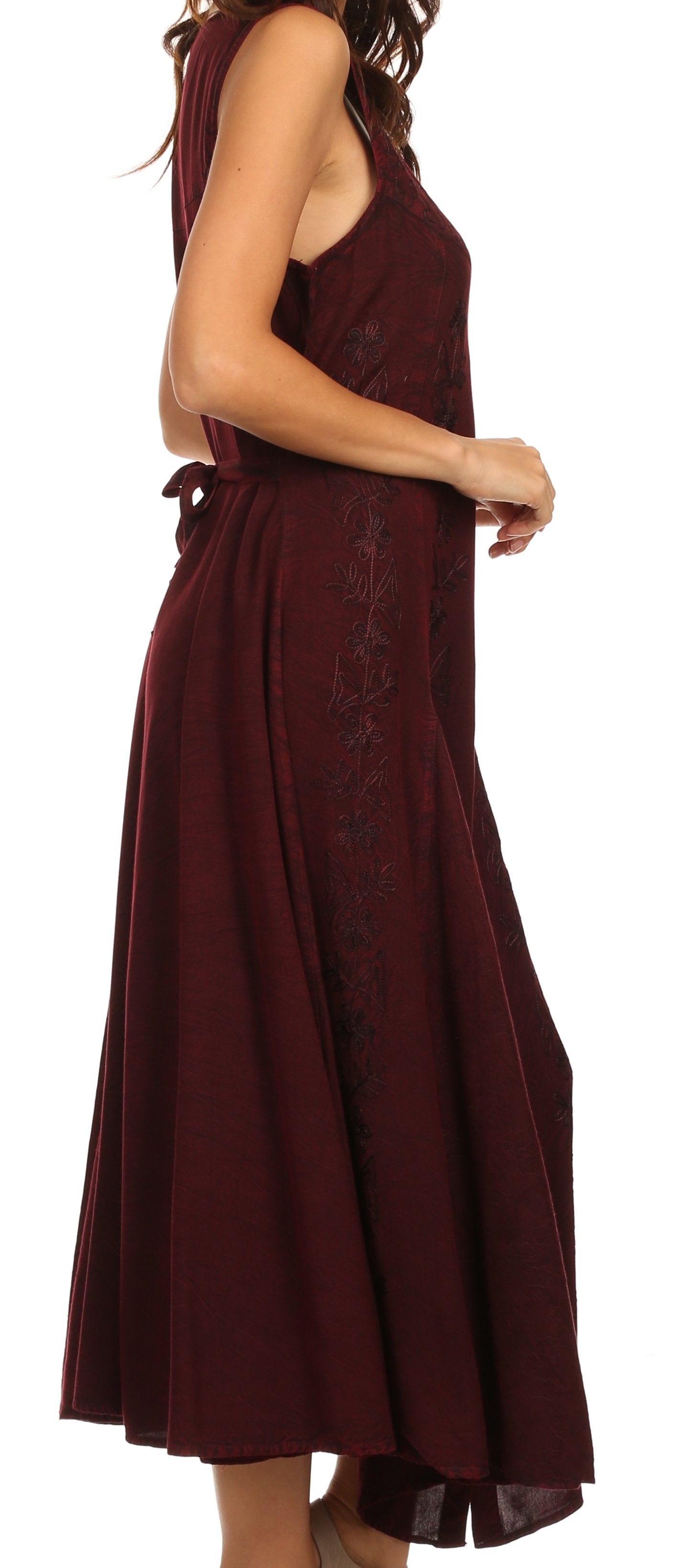 Maroon dress with lace details on a white background