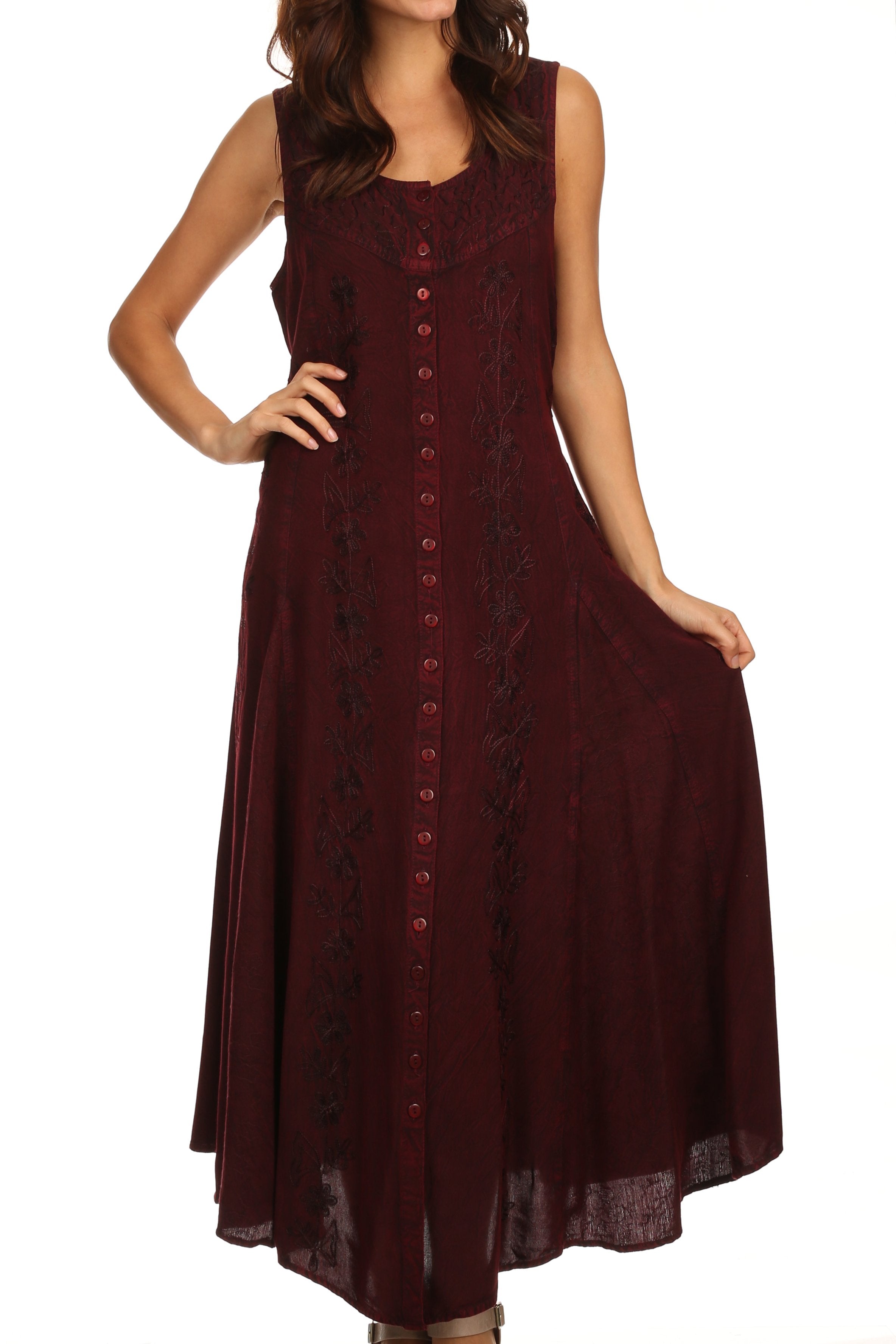 Woman wearing a burgundy sleeveless dress with buttons on a white background