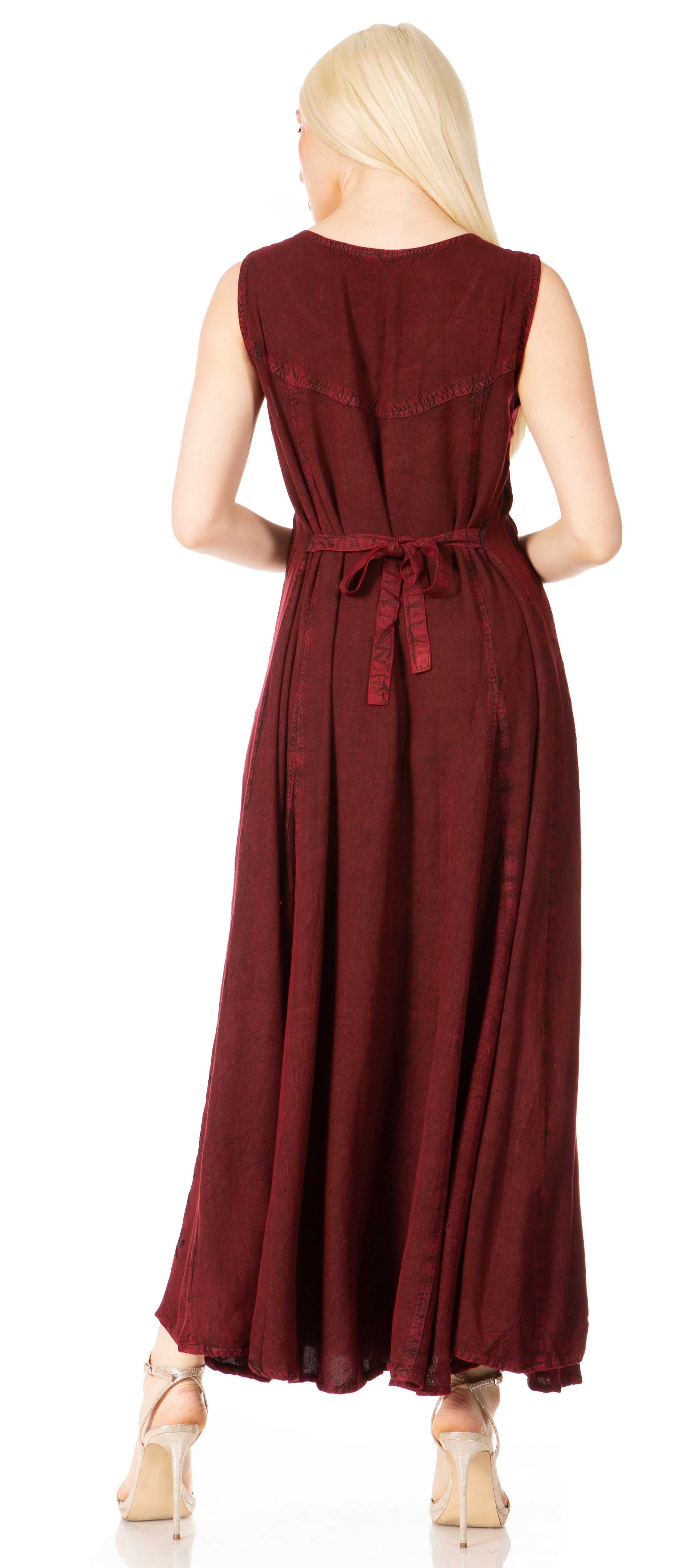 Maroon dress worn by a model on a white background