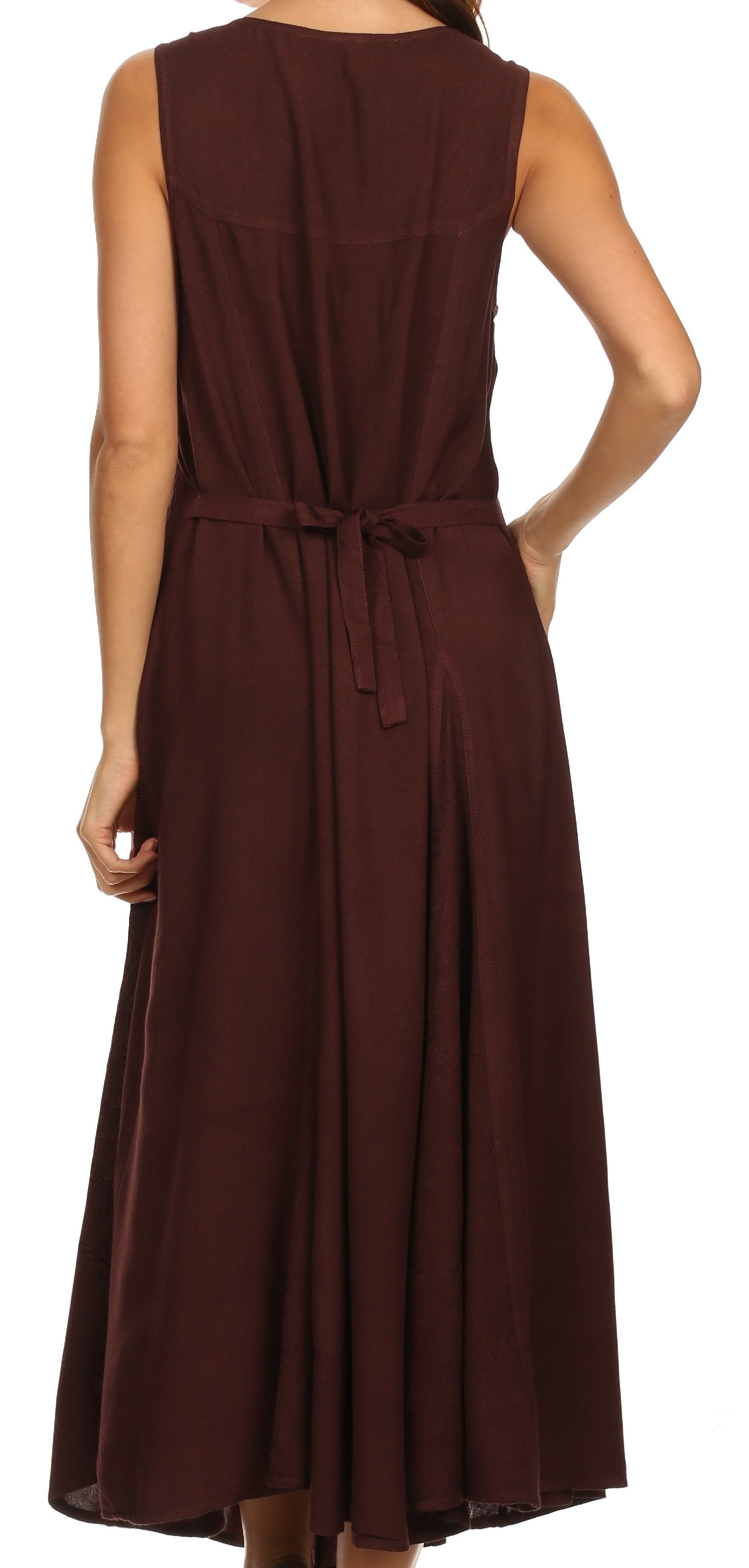 Brown sleeveless dress with a belt on a white background