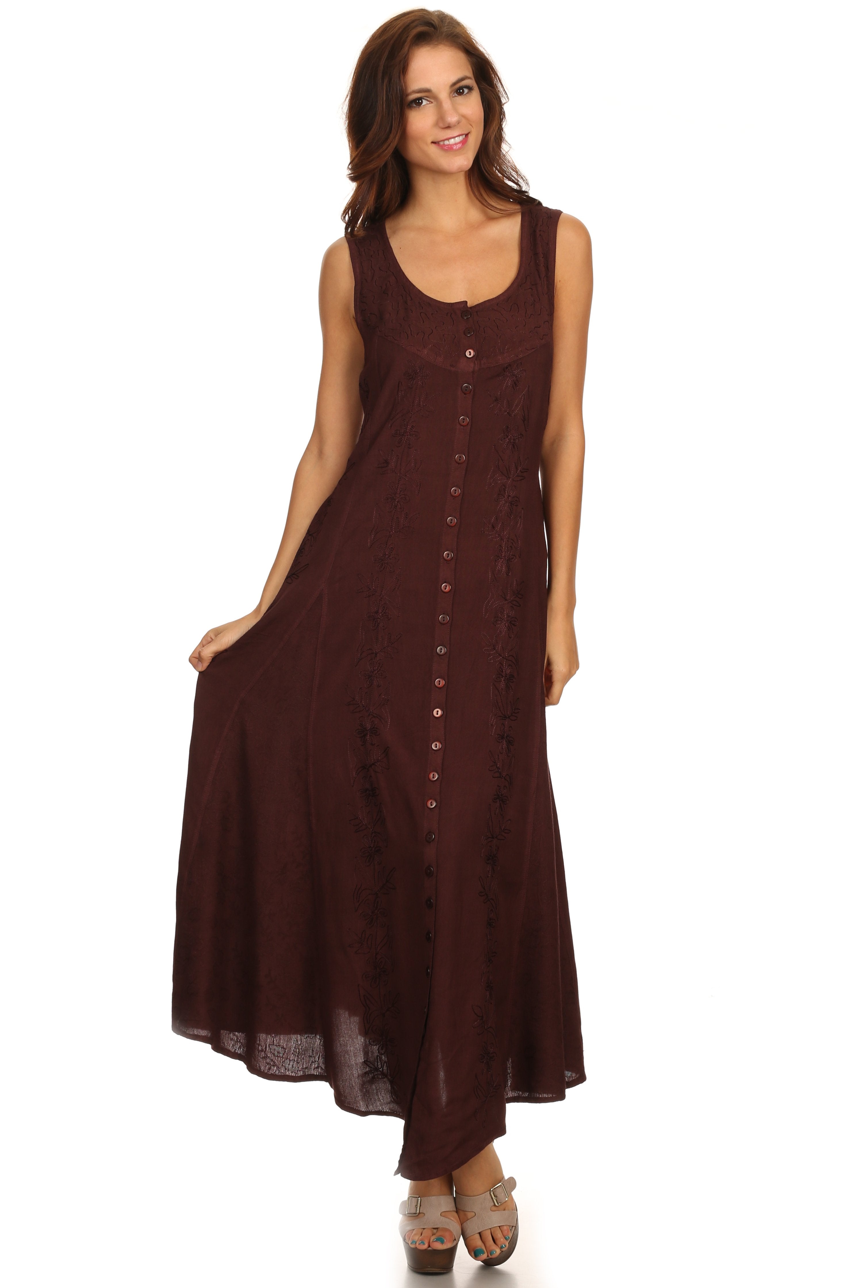 Woman wearing a brown sleeveless dress on a white background