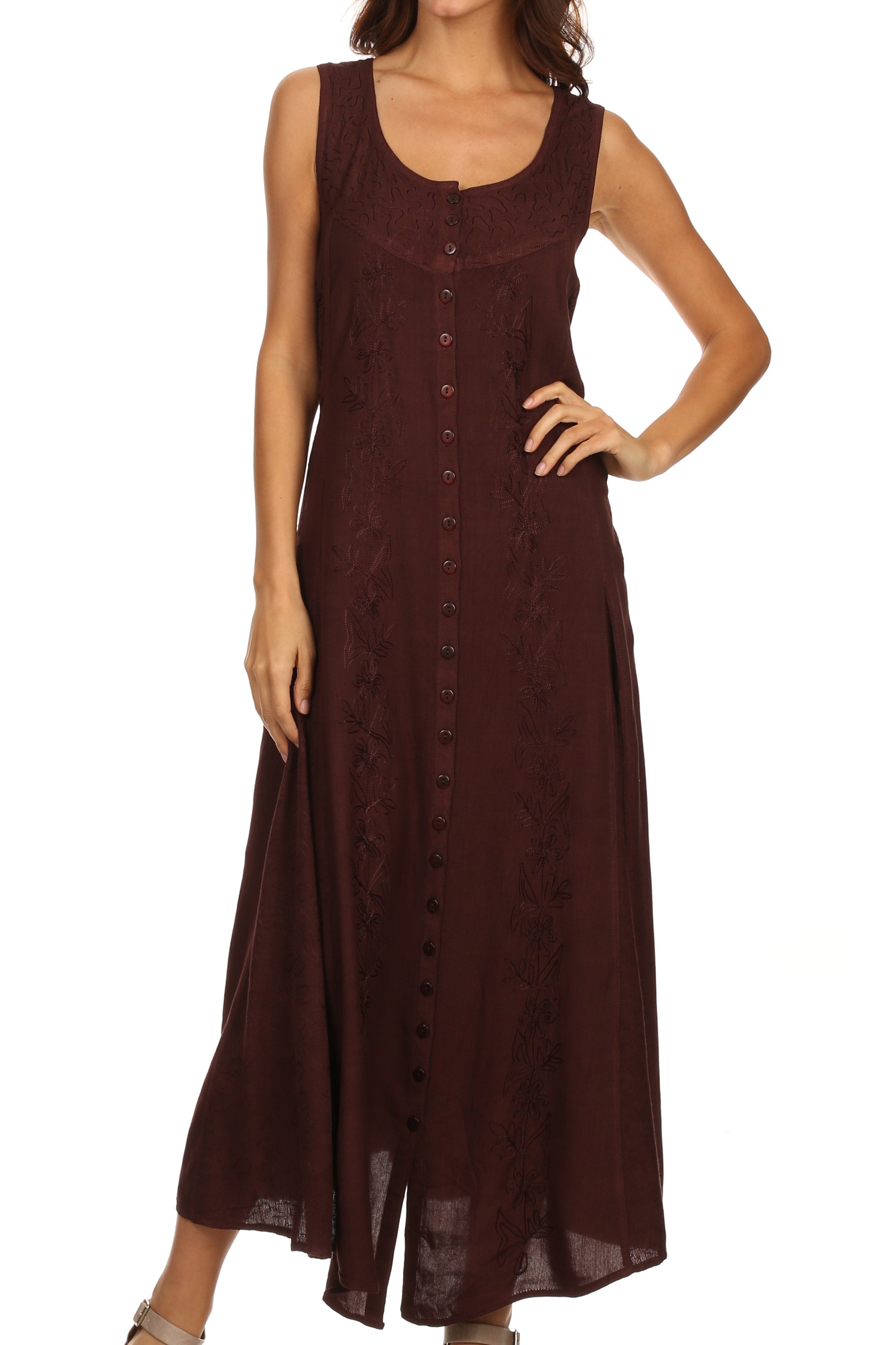 Brown sleeveless dress worn by a model on a white background