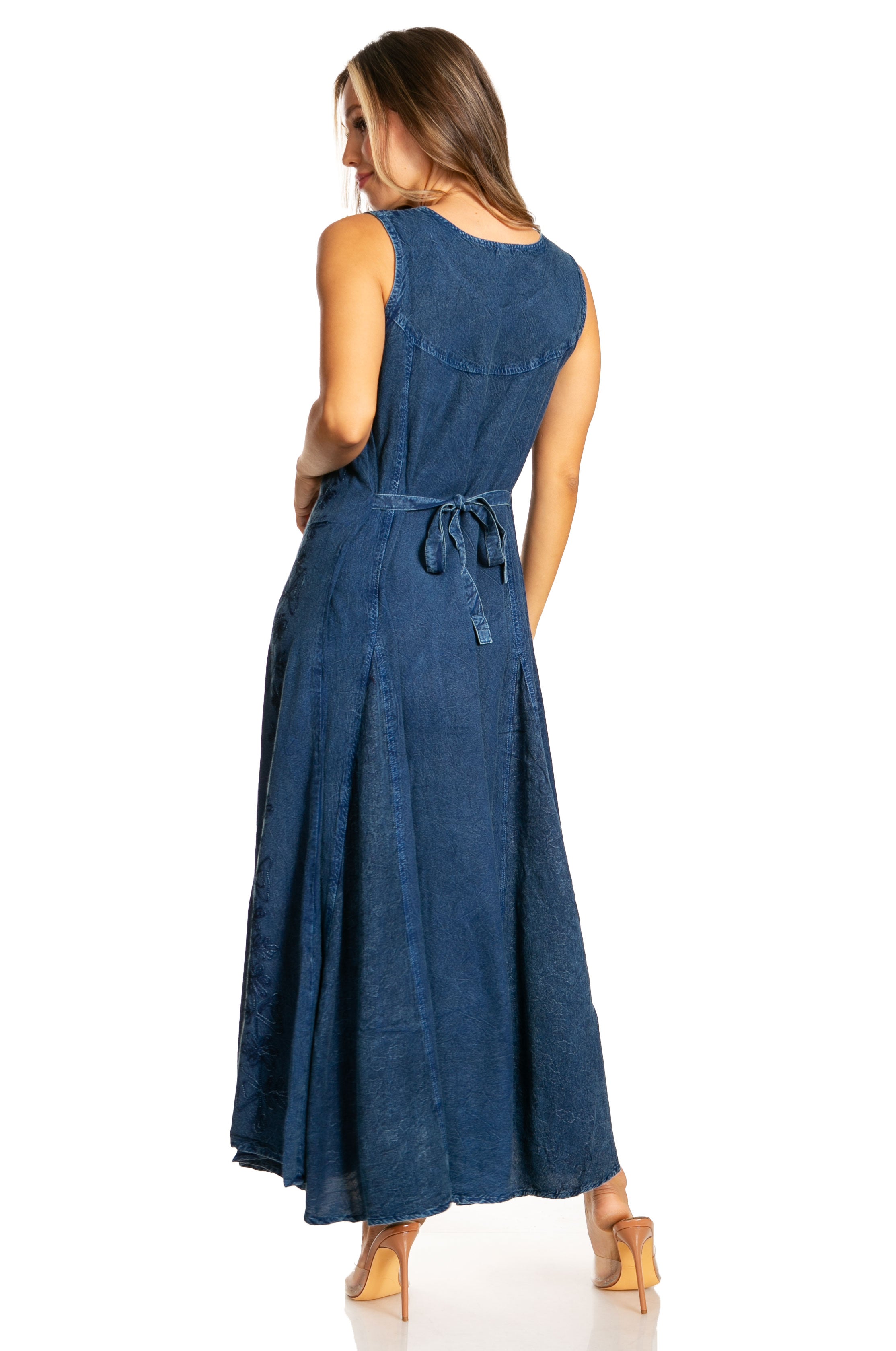 Woman wearing a blue dress on a white background