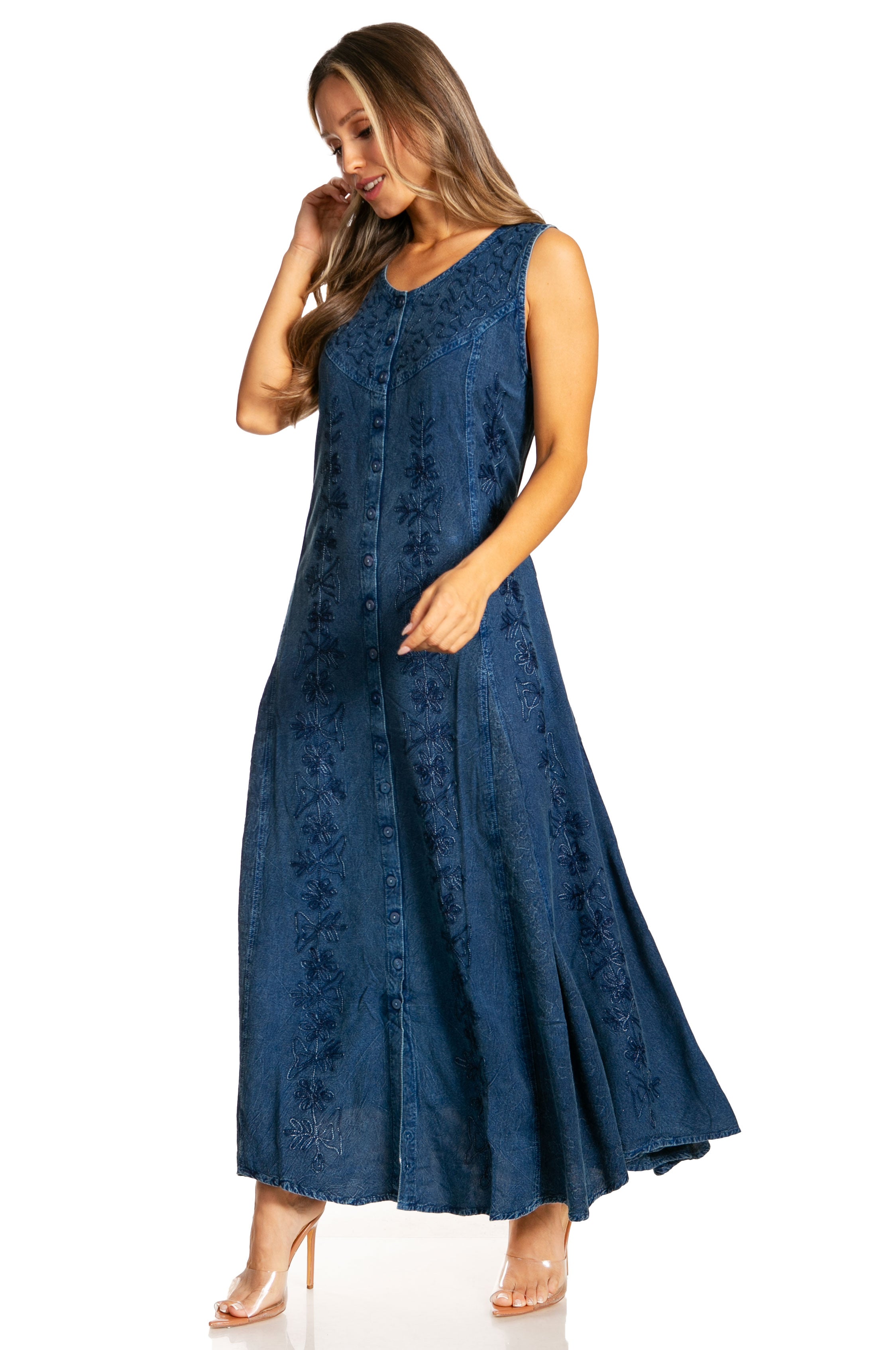 Woman wearing a blue denim dress on a white background