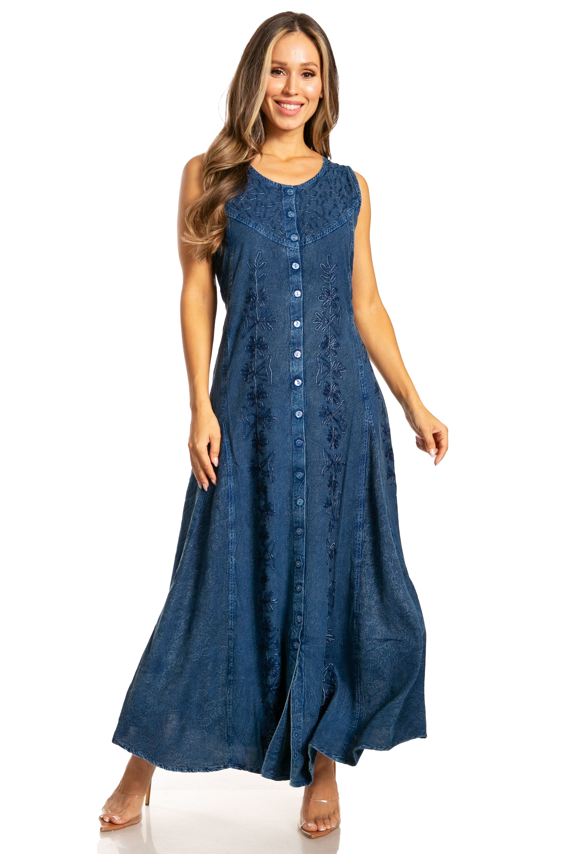 Woman wearing a blue sleeveless dress on a white background