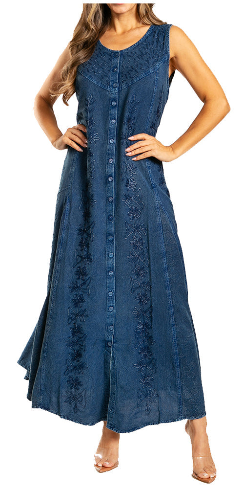 Woman wearing a long denim dress with button details on a white background