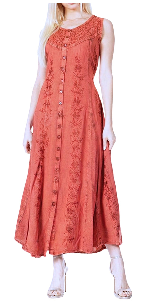 Sakkas Maya Floral Embroidered Sleeveless Button Up Rayon Dress