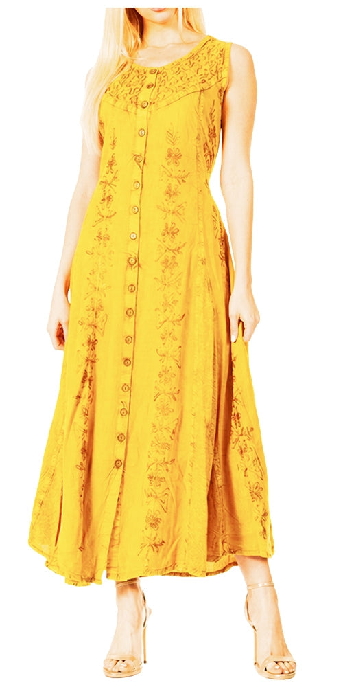 Sakkas Maya Floral Embroidered Sleeveless Button Up Rayon Dress