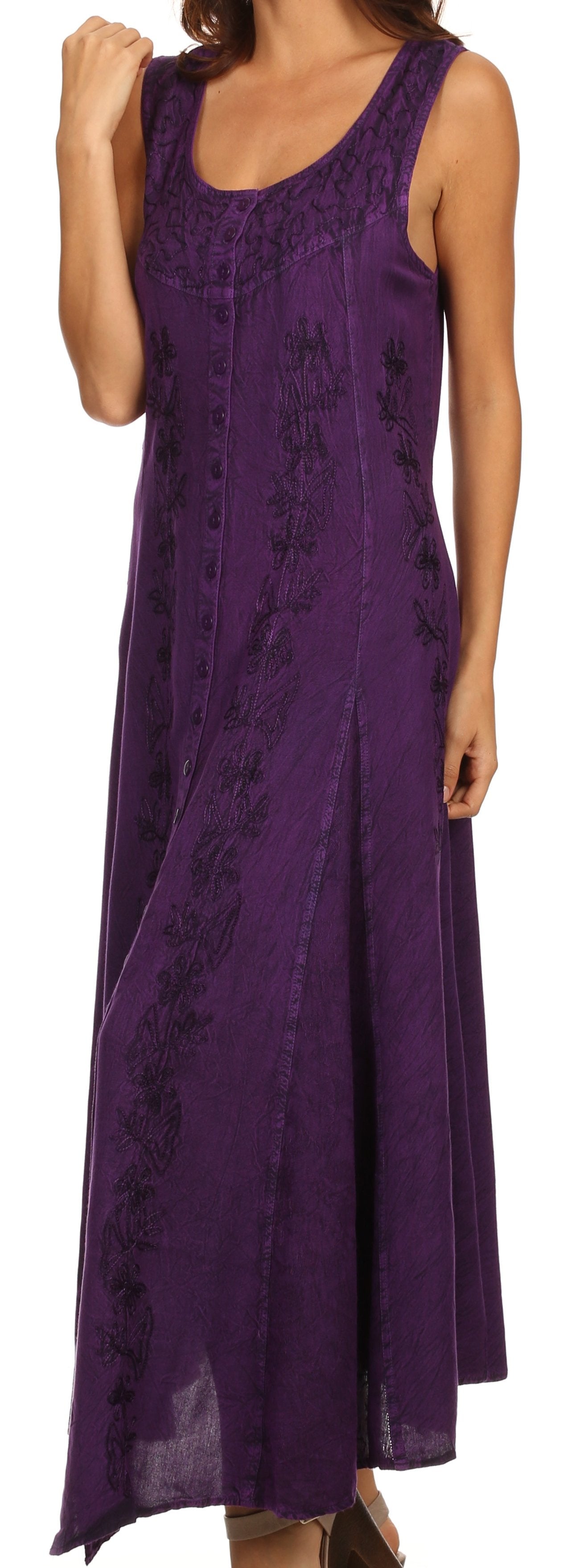 Purple sleeveless dress with floral pattern on a white background