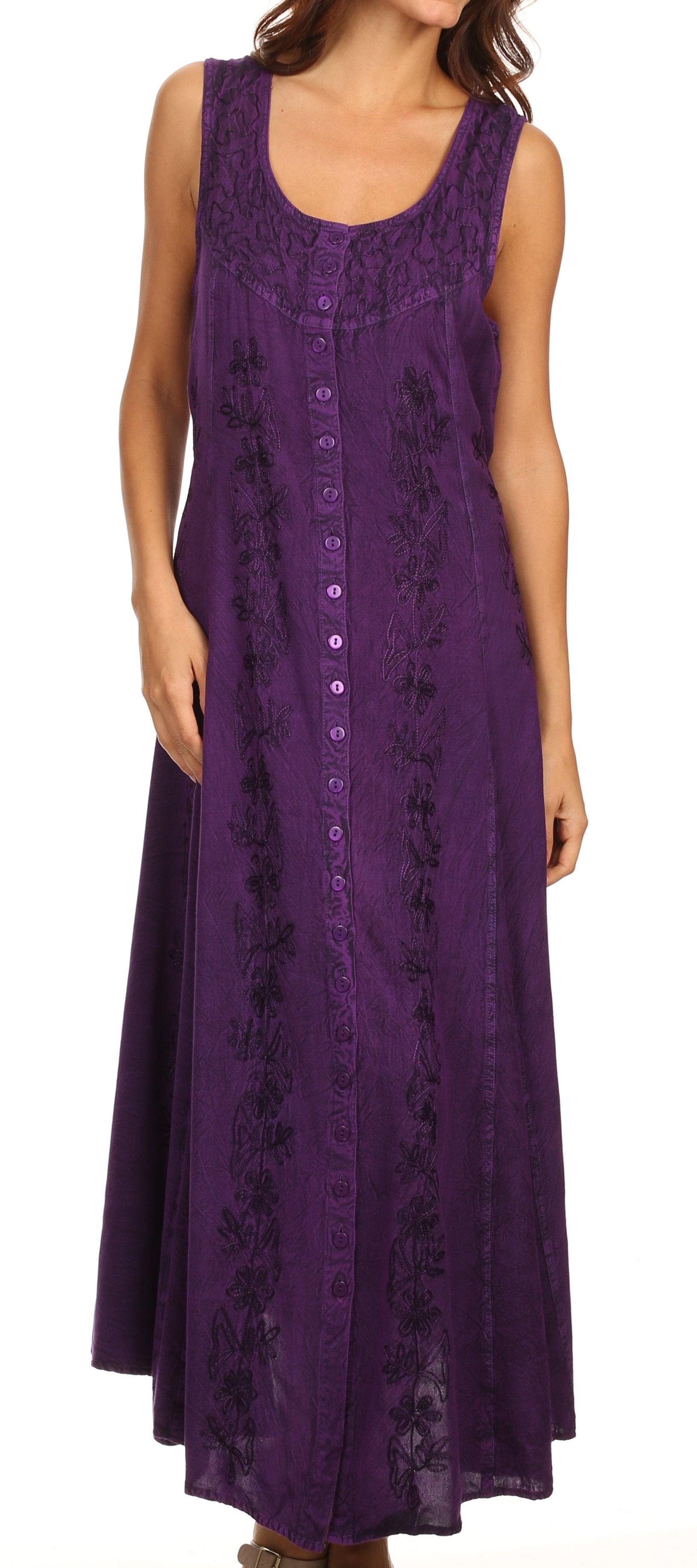 Purple sleeveless dress with floral pattern on a white background