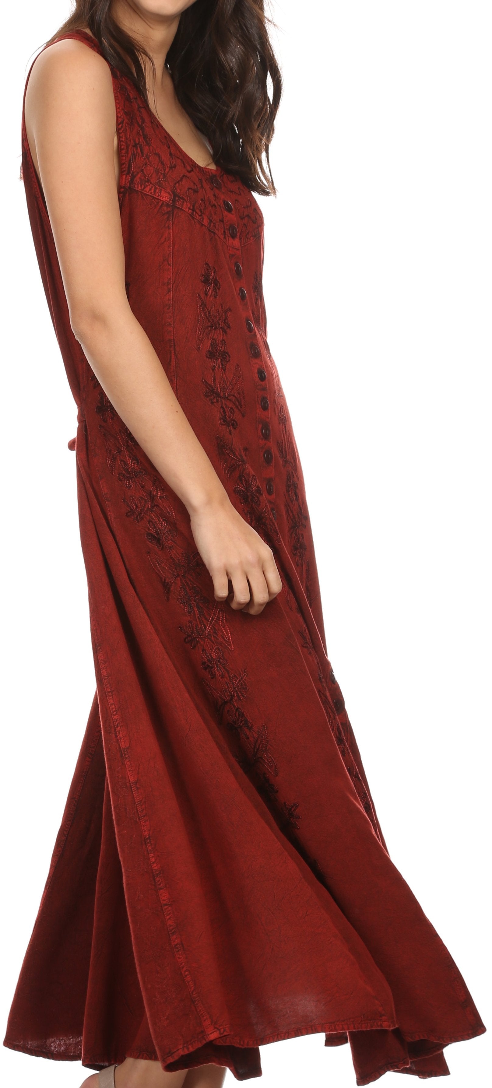 Red sleeveless dress with floral embroidery on a white background