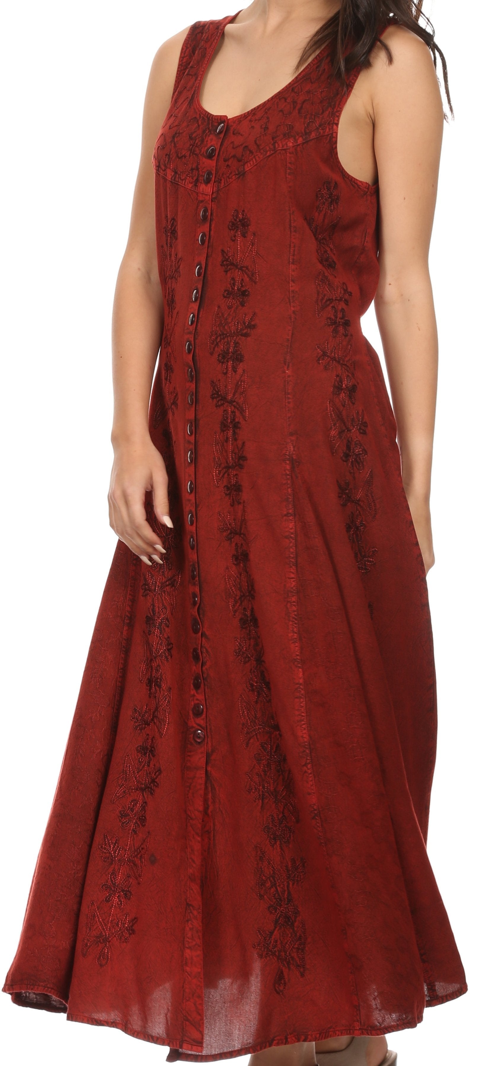 Red sleeveless dress with floral patterns on a plain background