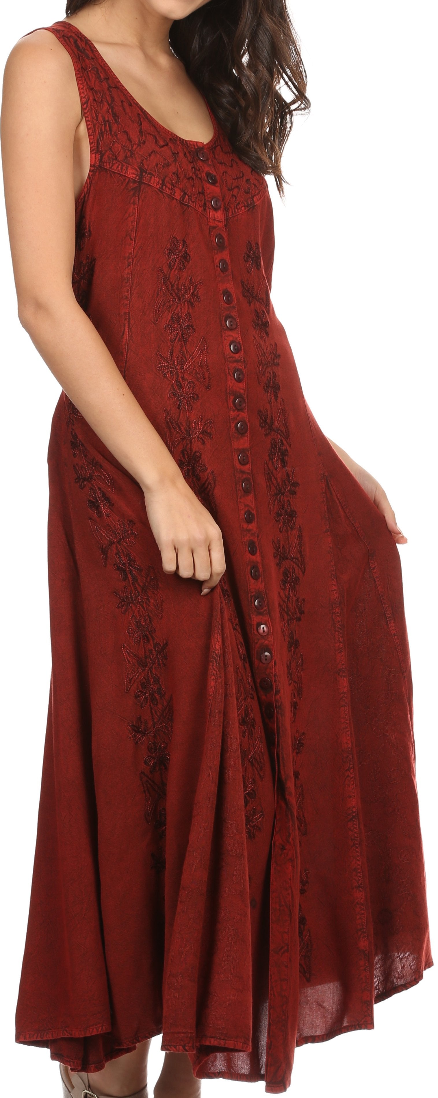 Red sleeveless dress with lace details on a white background
