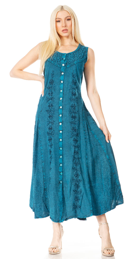Woman wearing a blue dress with floral patterns on a white background
