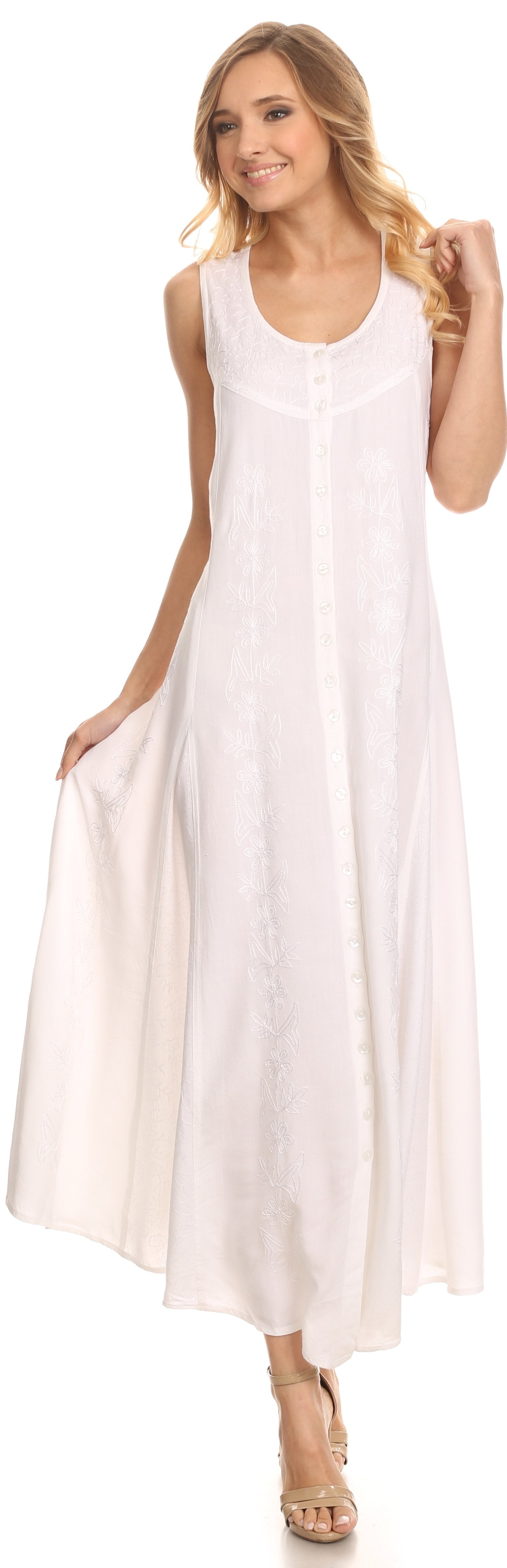Woman wearing a white sleeveless dress on a white background