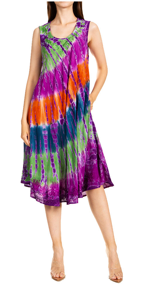 Woman wearing a tie-dye dress with purple, orange, and green colors on a white background