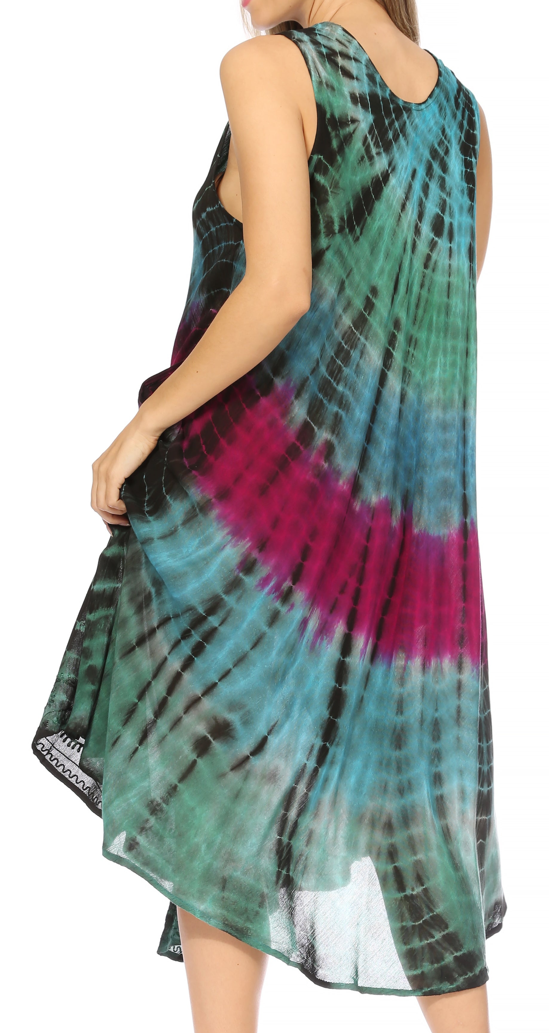 Tie-dye dress with a colorful pattern on a white background