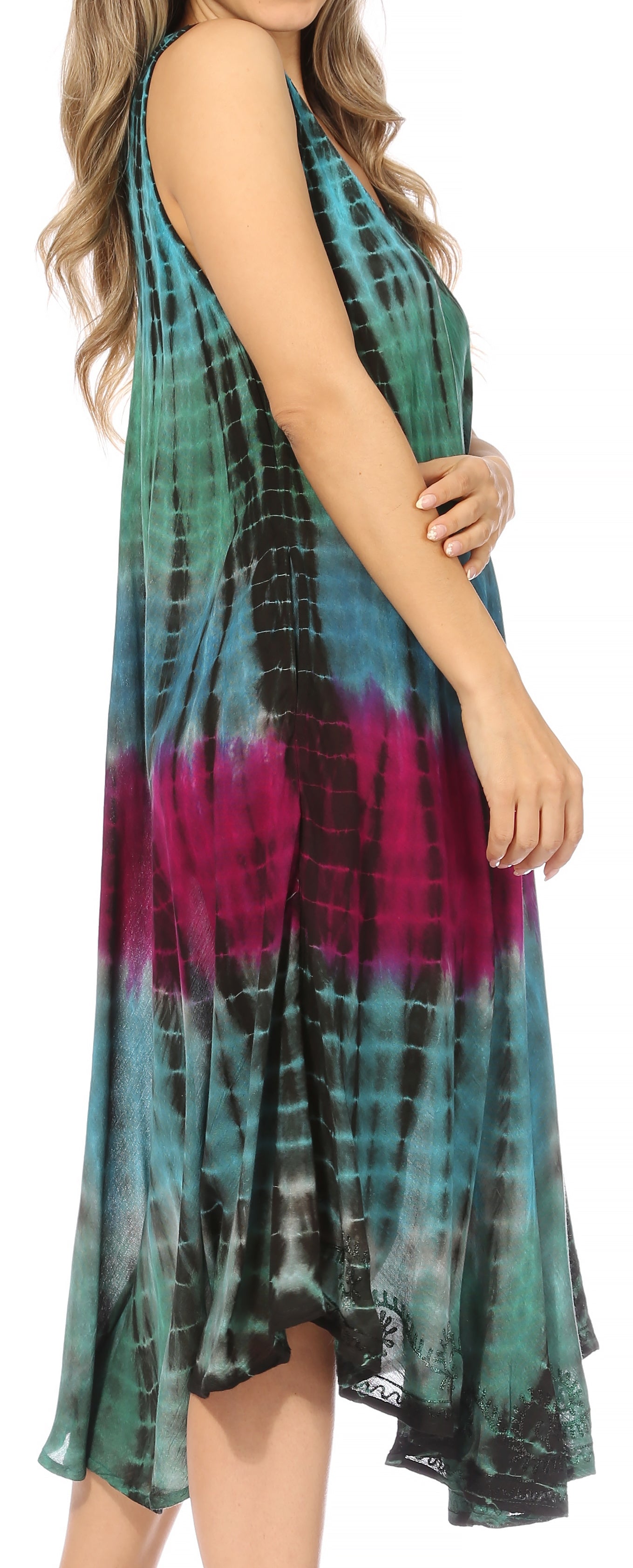 Tie-dye dress with a colorful pattern on a white background