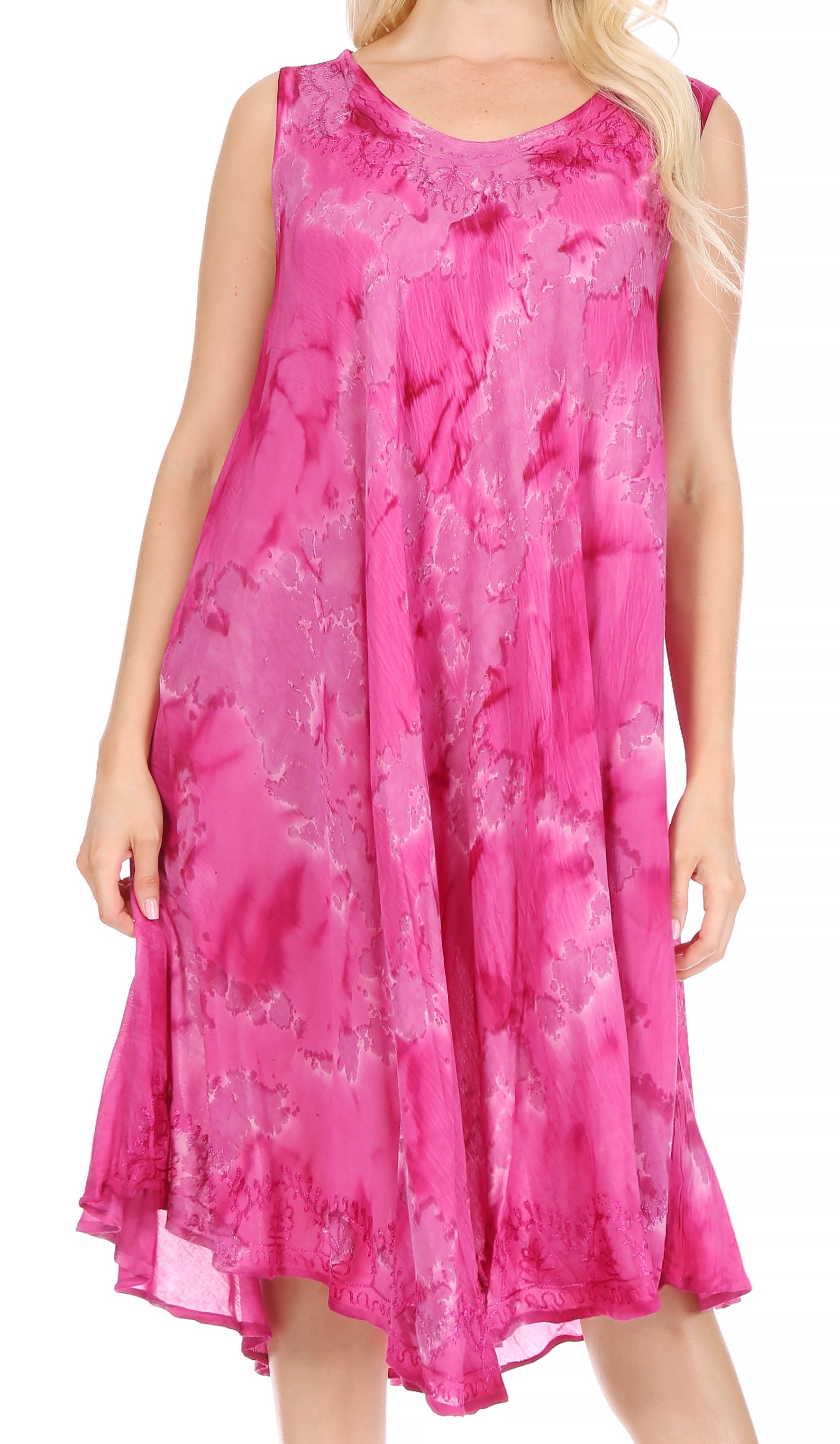 Pink floral dress worn by a model on a white background