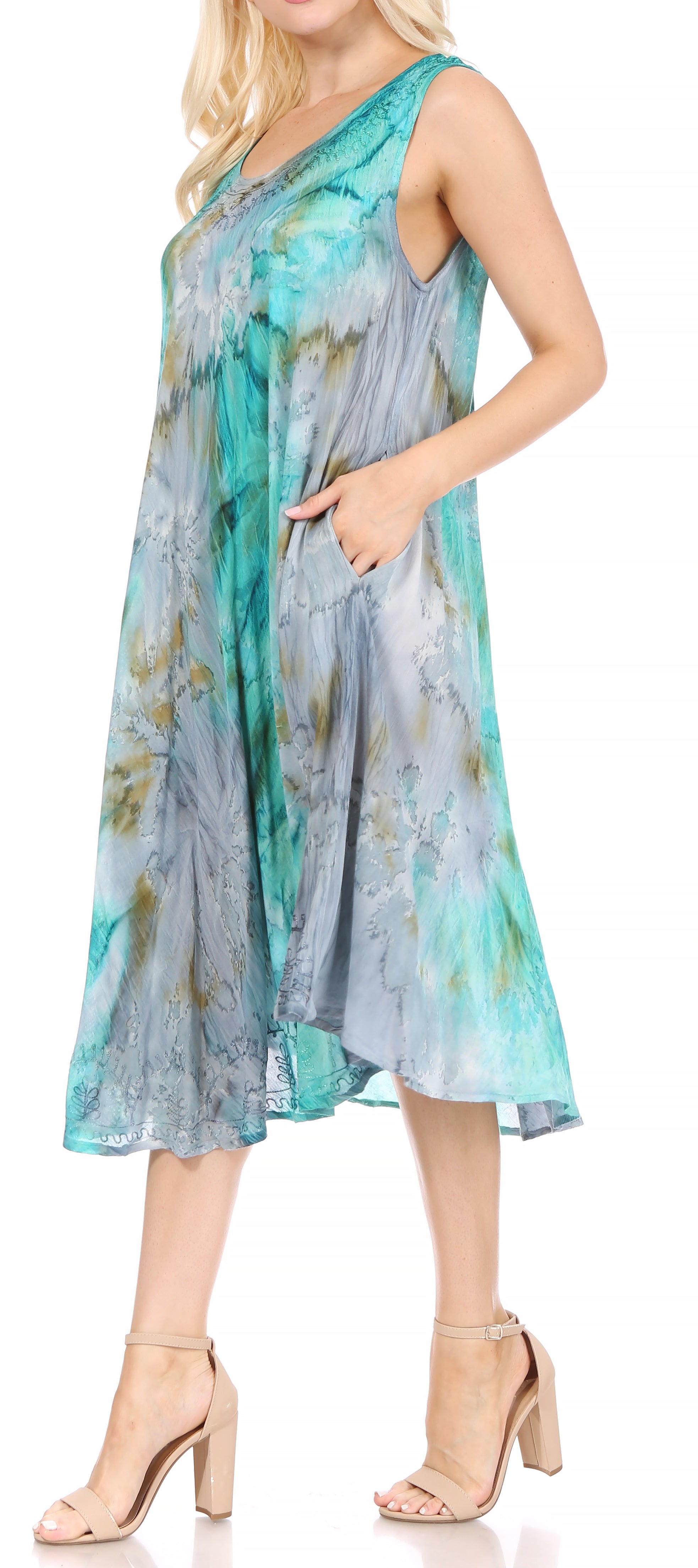 Woman wearing a sleeveless, floral-patterned dress with a white background