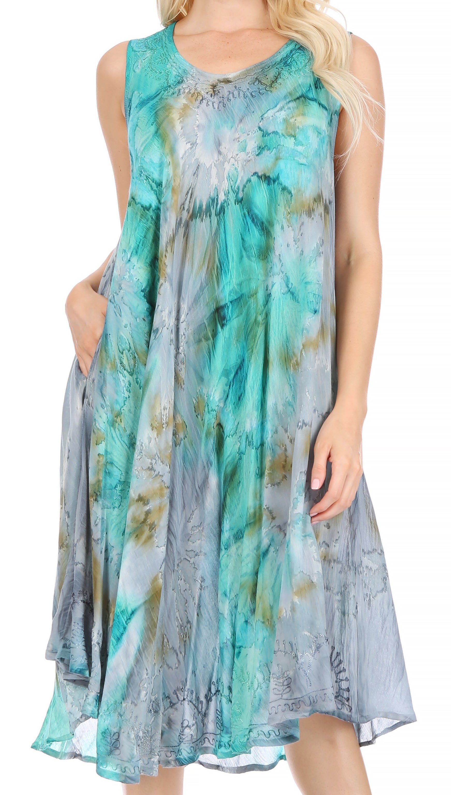 Woman wearing a sleeveless, floral-patterned dress with a white background