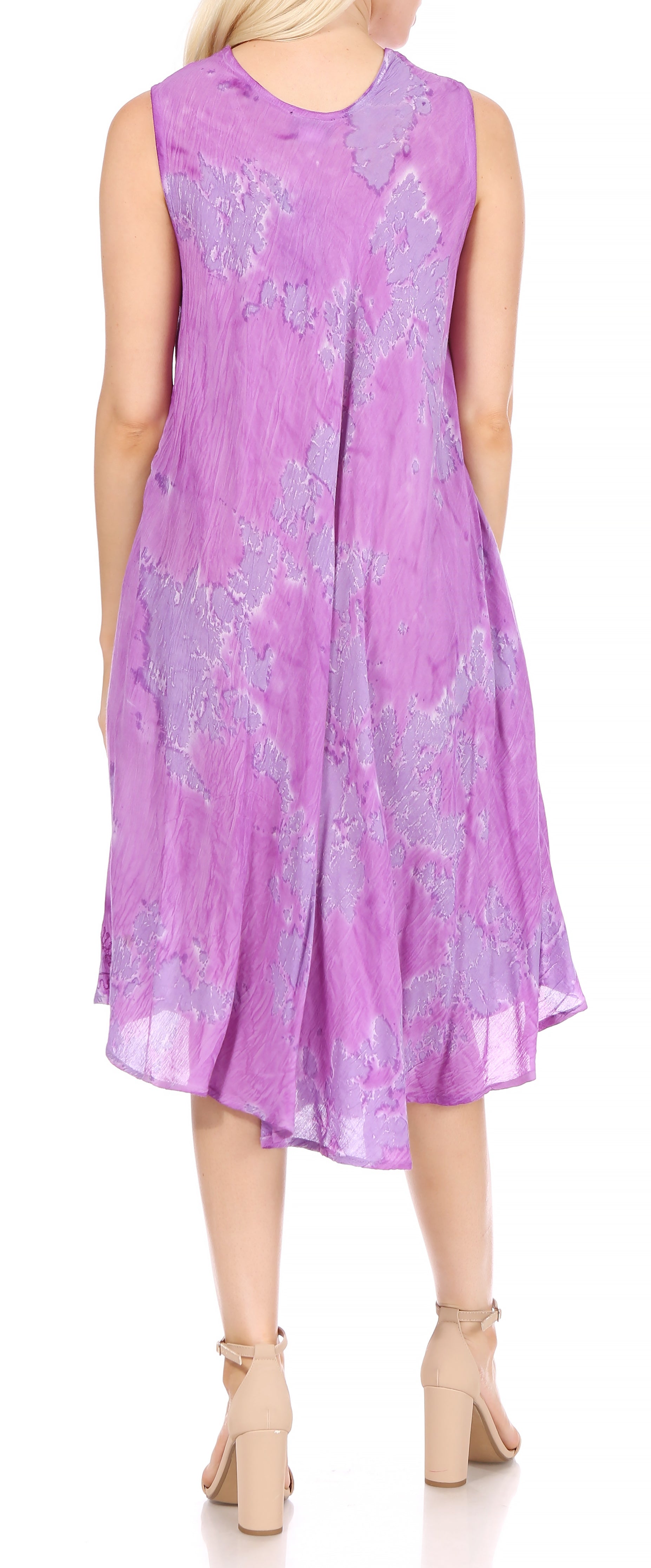 Purple sleeveless dress with floral pattern on a white background