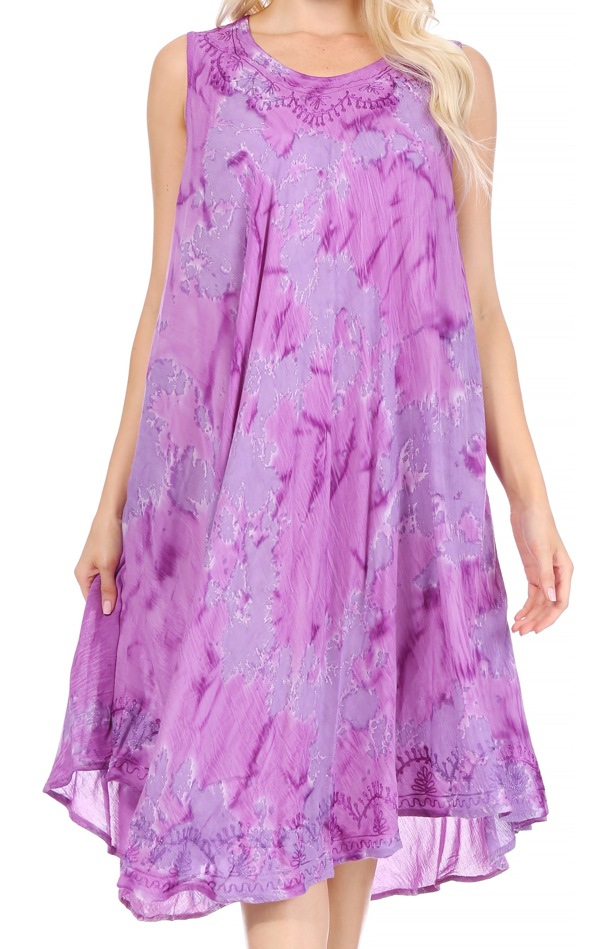 Purple floral dress worn by a model on a white background