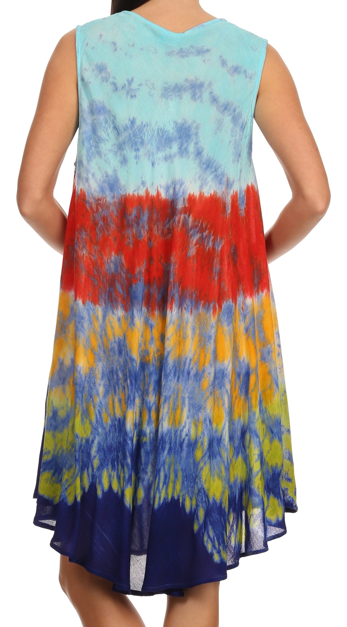Colorful tie-dye dress with a gradient from blue, red, yellow, and purple on a white background.