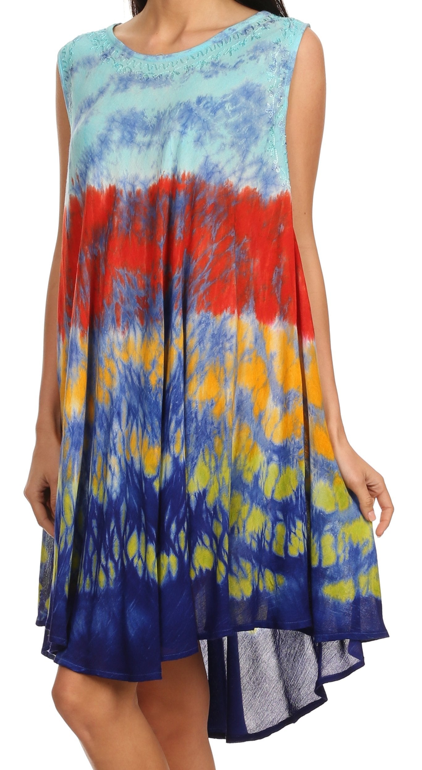 Colorful tie-dye dress with a gradient from blue to red, orange, and yellow on a white background.