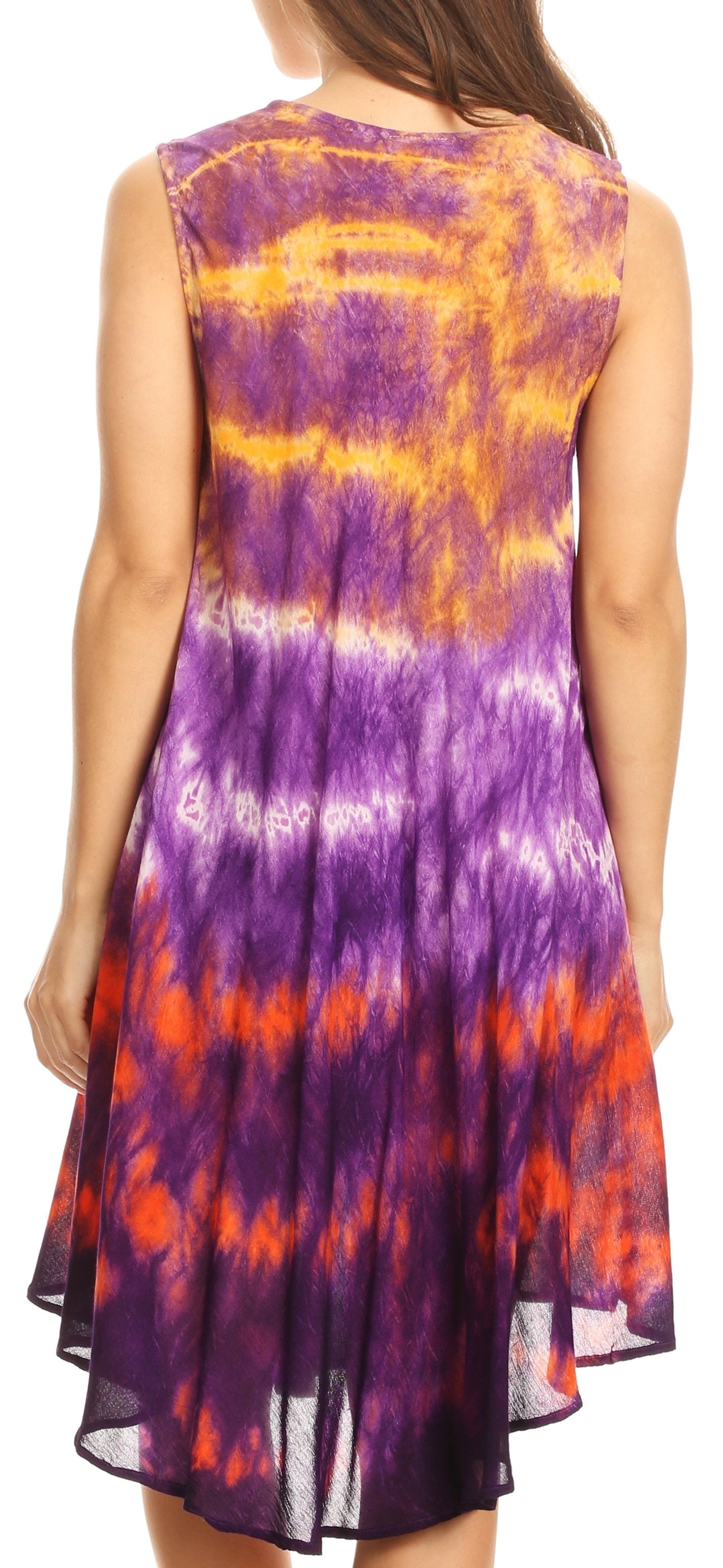 Woman wearing a sleeveless dress with a tie-dye pattern in purple, orange, and white.