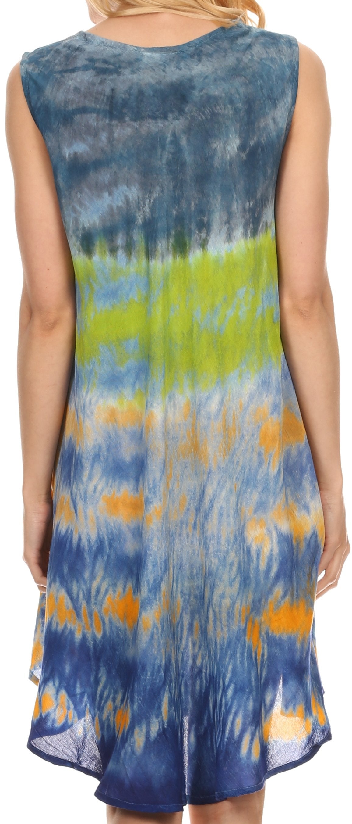 Woman wearing a sleeveless dress with tie-dye pattern in blue, green, and orange.