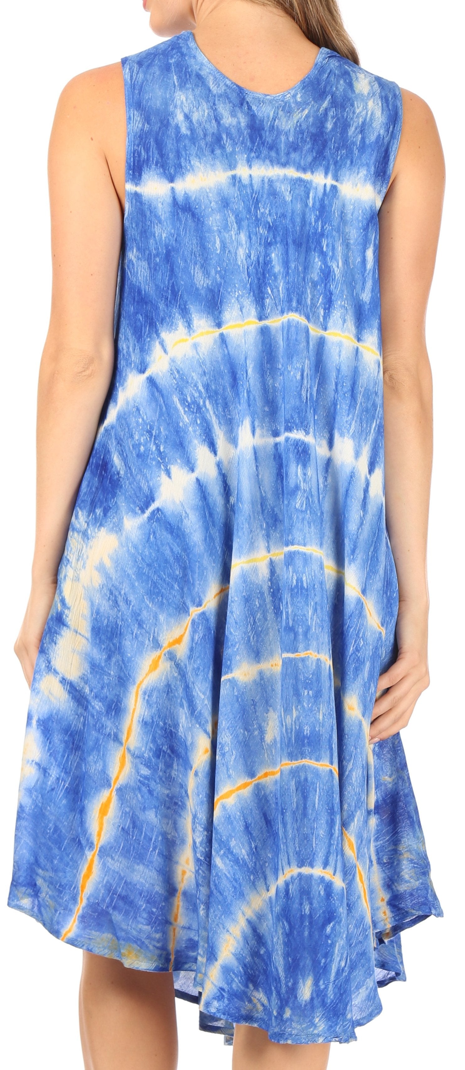 Blue and yellow tie-dye sleeveless dress worn by a person