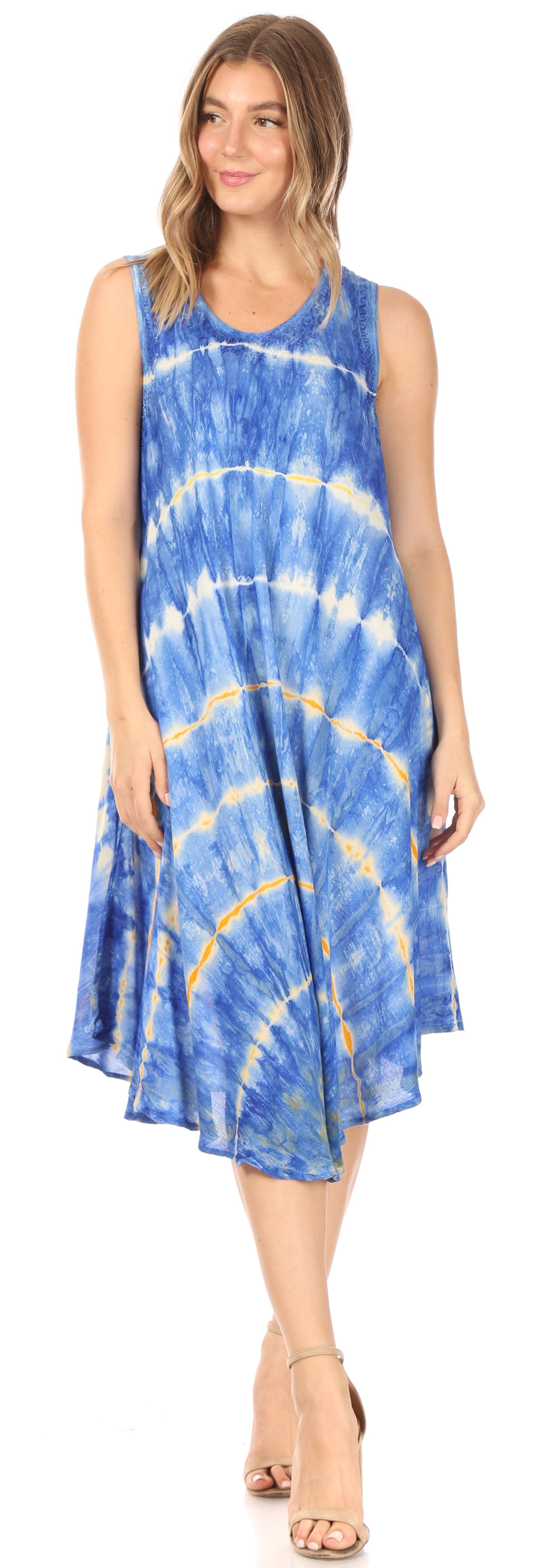 Woman wearing a blue and yellow tie-dye dress on a white background