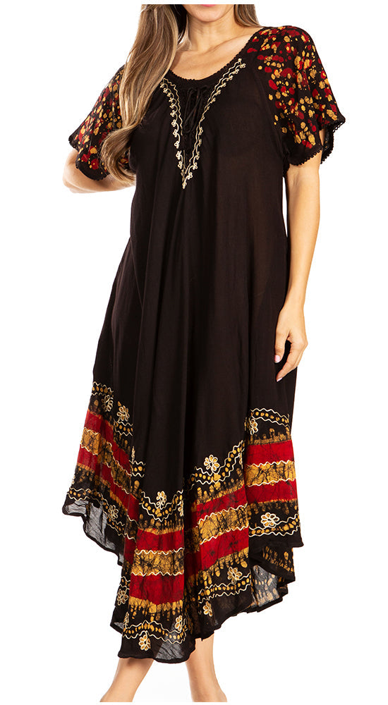 Black dress with colorful patterned sleeves and hem on a white background
