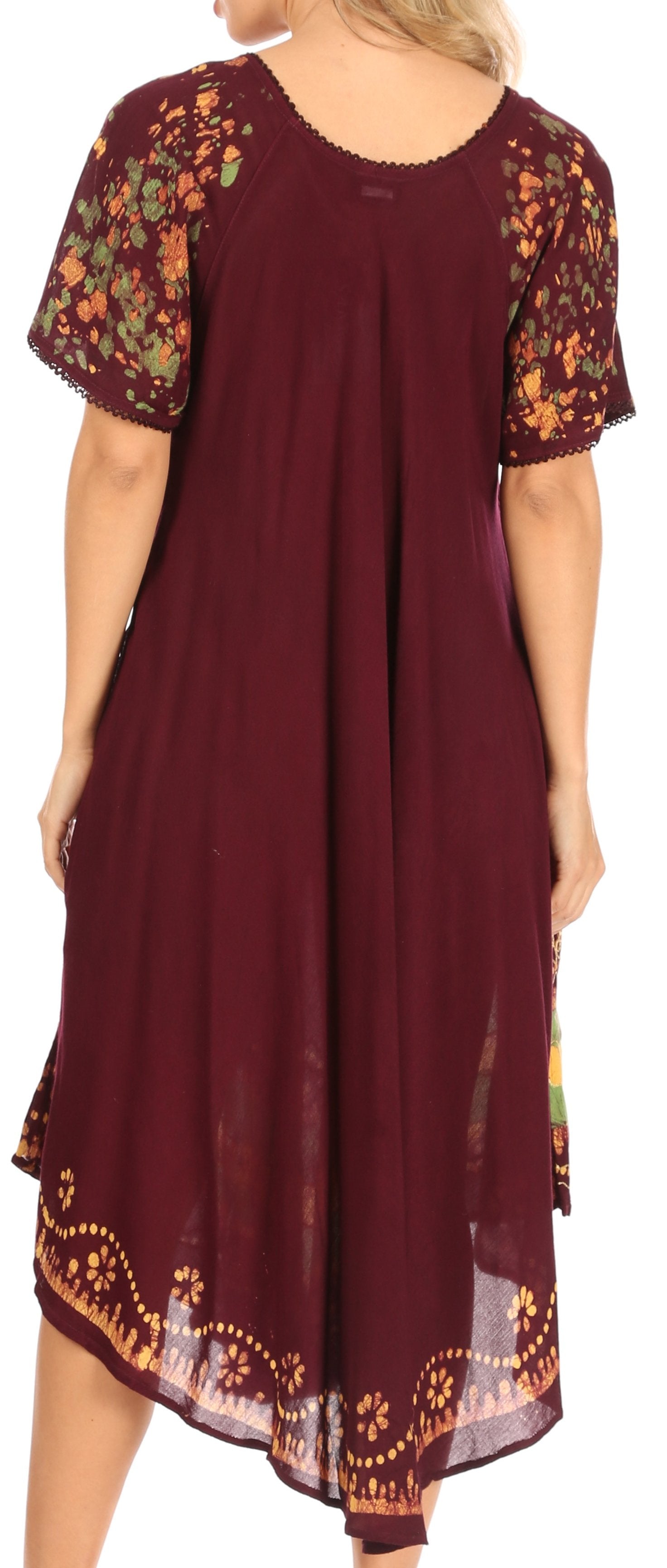 Maroon dress with floral sleeves and hemline