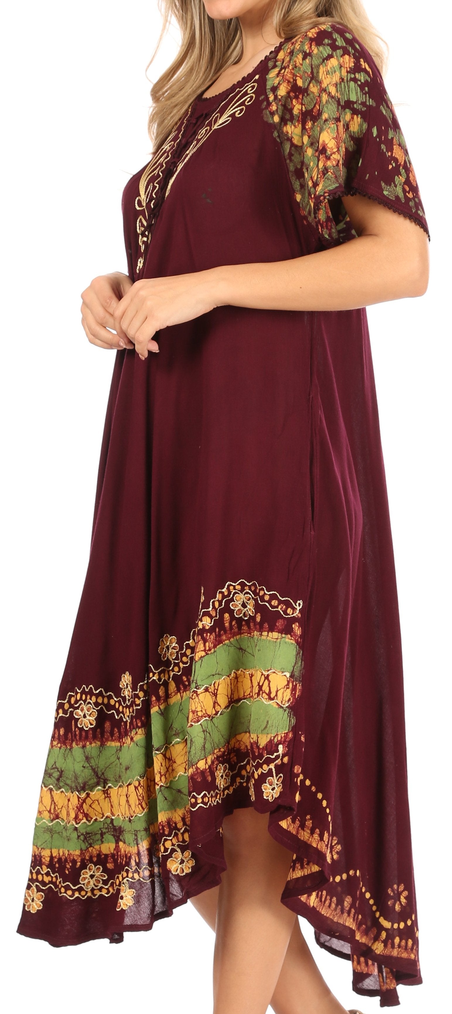 Maroon dress with colorful floral and geometric patterns on a white background