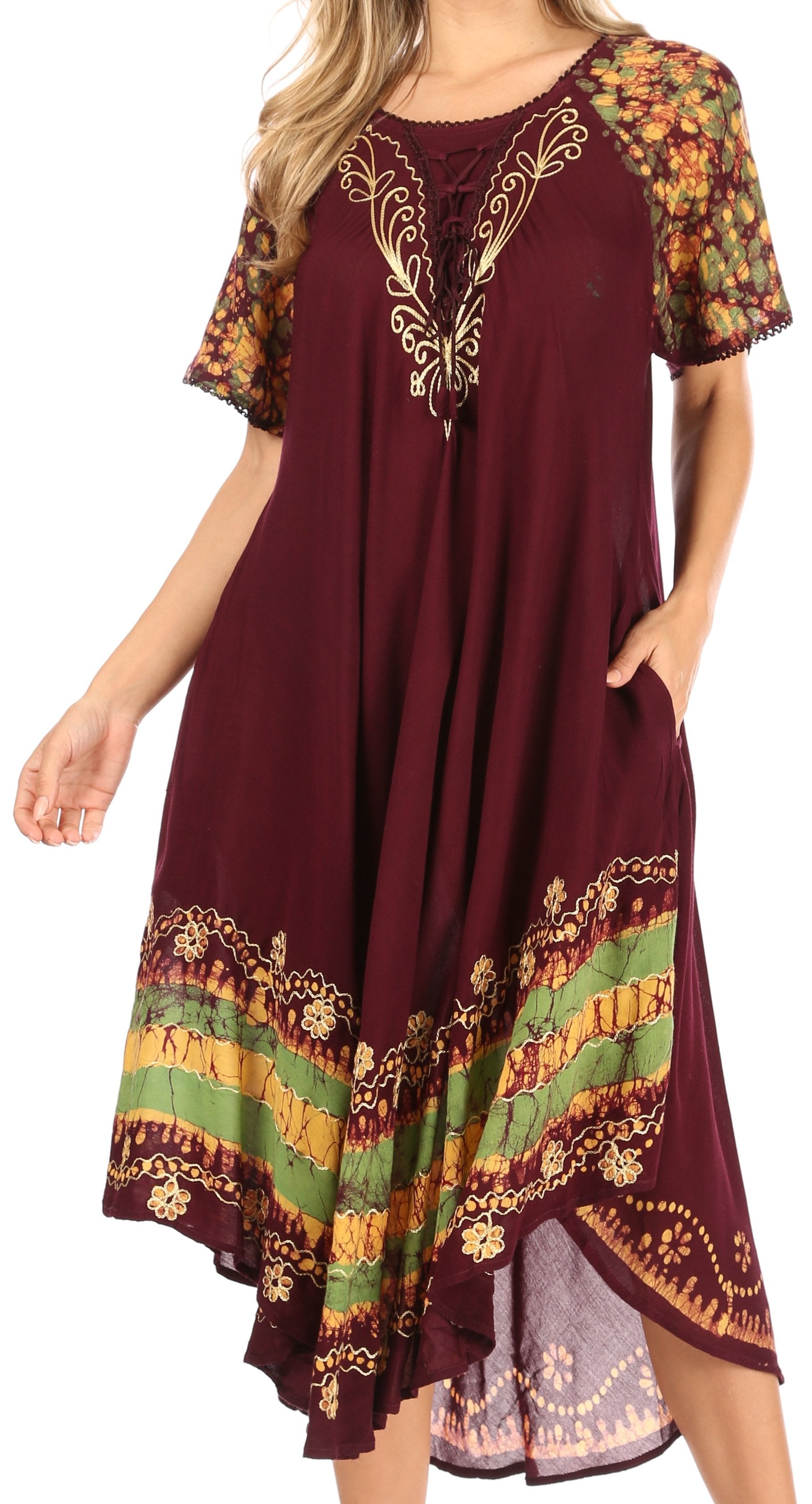 Maroon dress with colorful patterns and embroidery on a white background