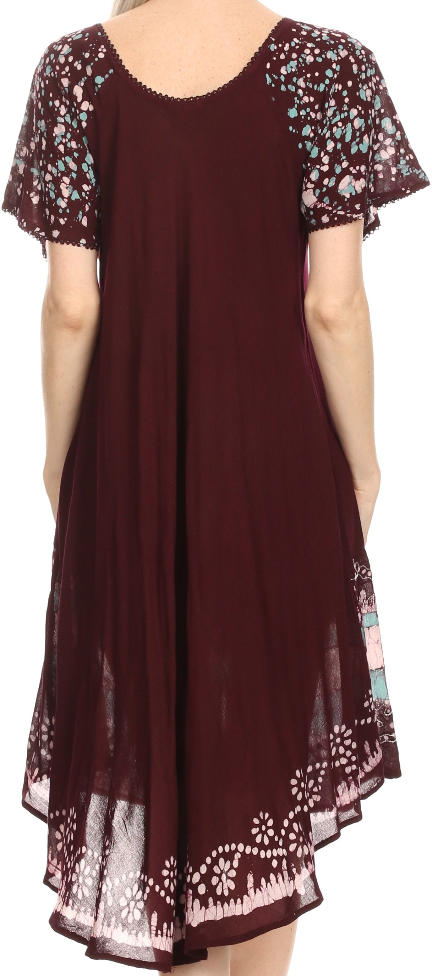Maroon dress with floral lace details on a plain background