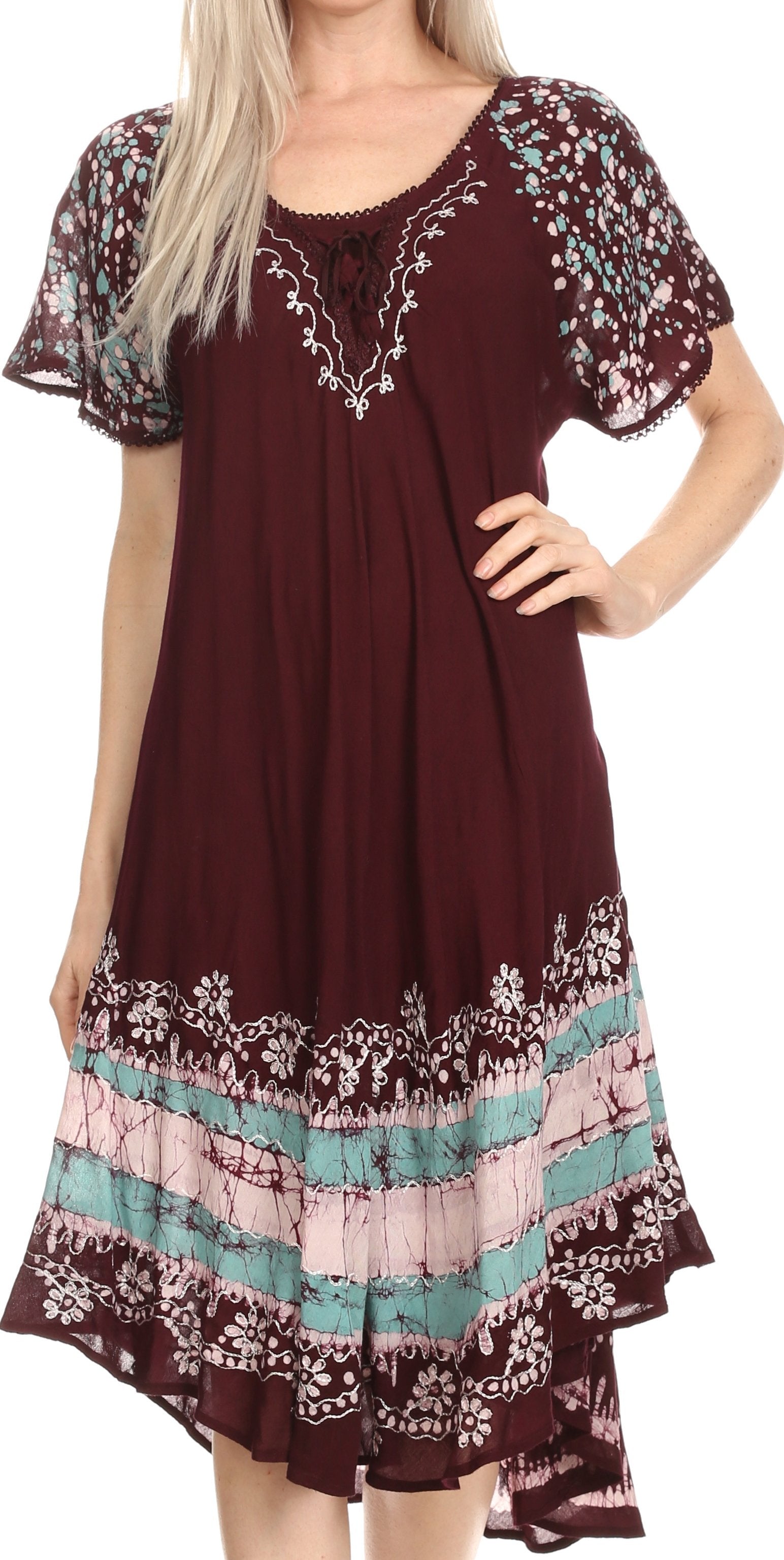 Maroon dress with floral patterns on a white background