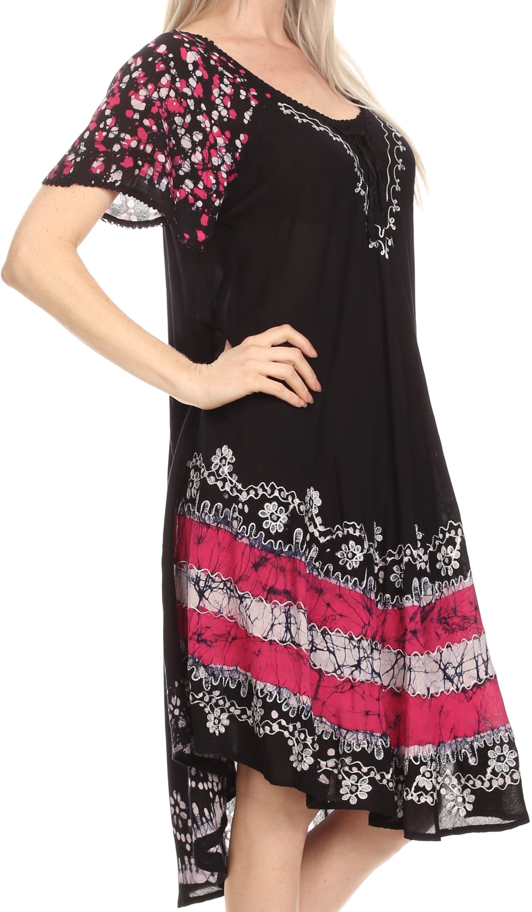 Black dress with pink and white floral patterns on a white background