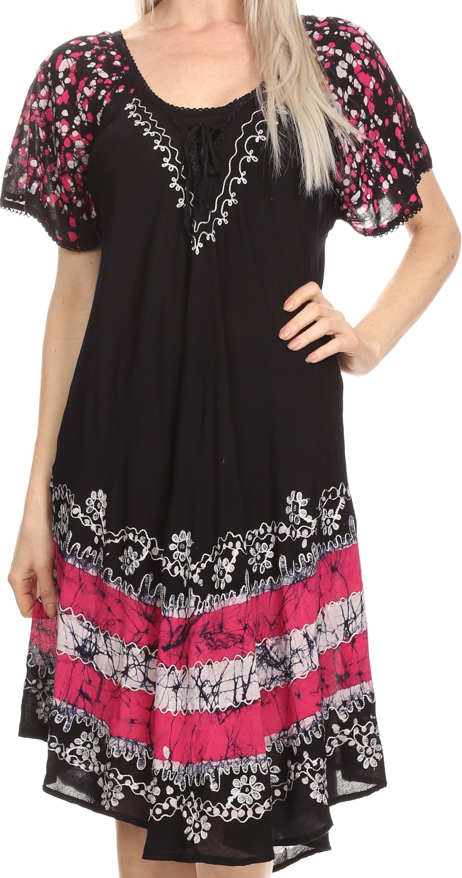 Black dress with pink and white floral patterns on a white background