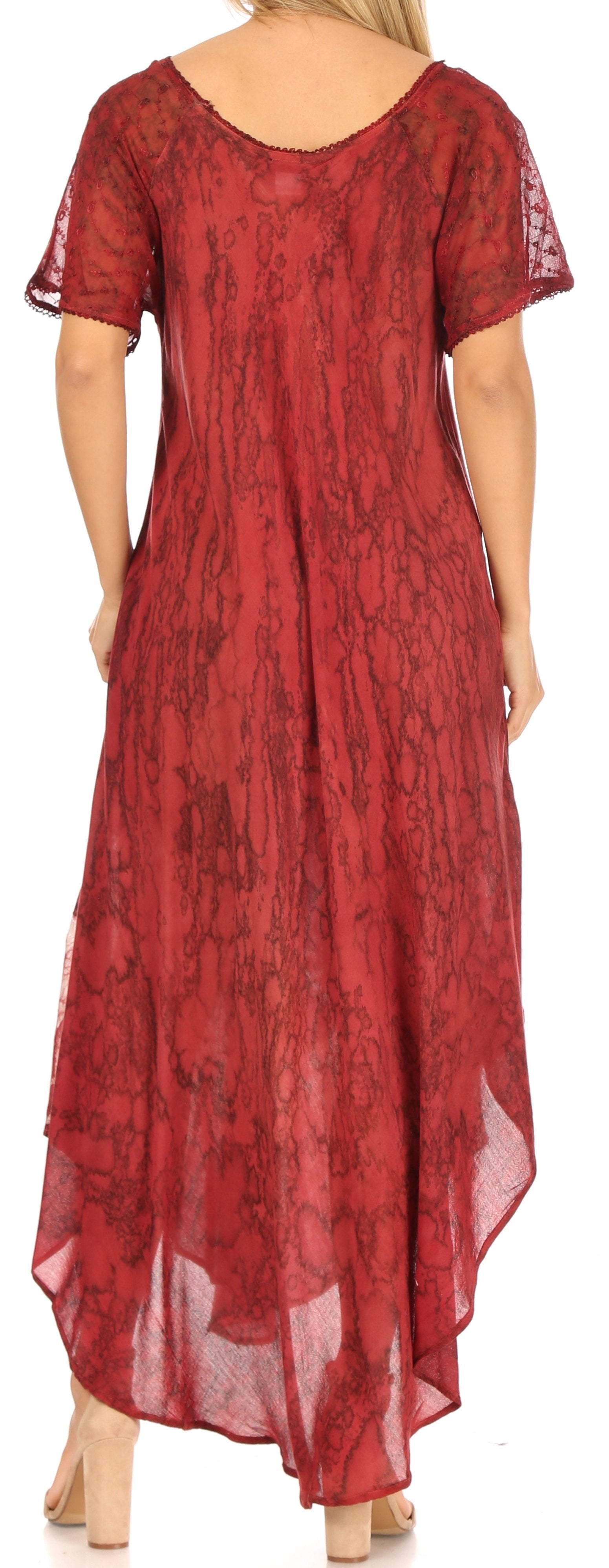 Red lace dress with a high-low hemline on a plain background